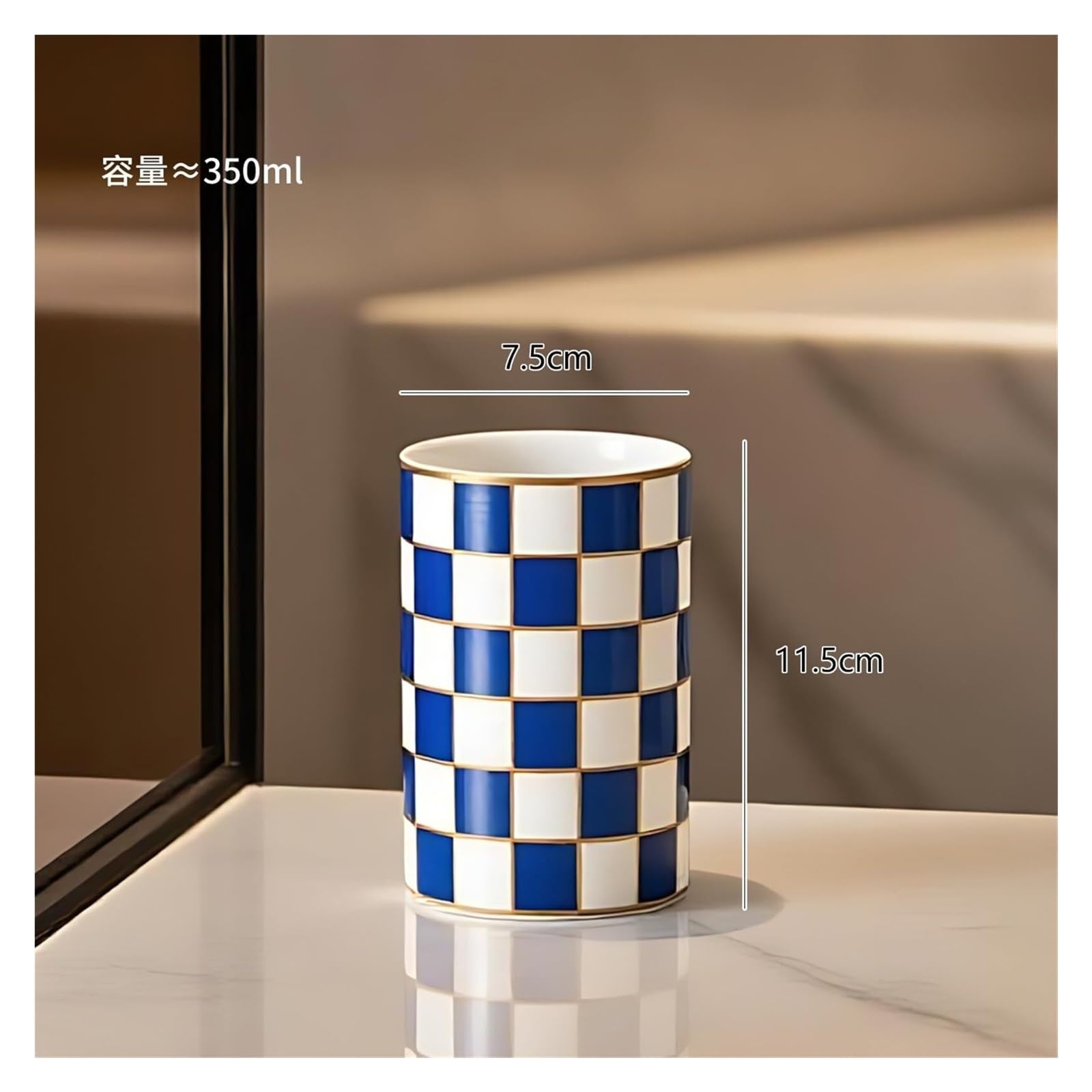 Zestaw akcesoriów łazienkowych Uchwyt na szczoteczki do zębów, uchwyt na szczoteczki do zębów w szachownicę retro nowoczesny kubek ceramiczny rustykalny wystrój (niebieski)