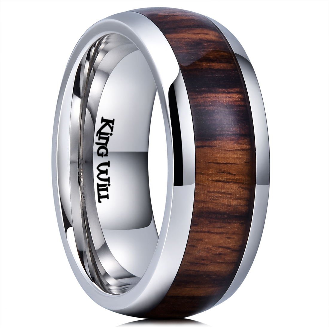 King WillNature 8mm Mens Real Wood Inlay Titanium Wedding Ring High Polished Dome Style