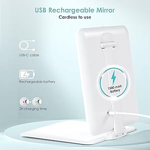 7.8" x 6.1" Rechargeable Travel Makeup Mirror with Lights and Magnification 10X, Foldable Stand with Adjustable Height & Angle, 3 Light Colors LED Lighted Vanity Mirror (White)