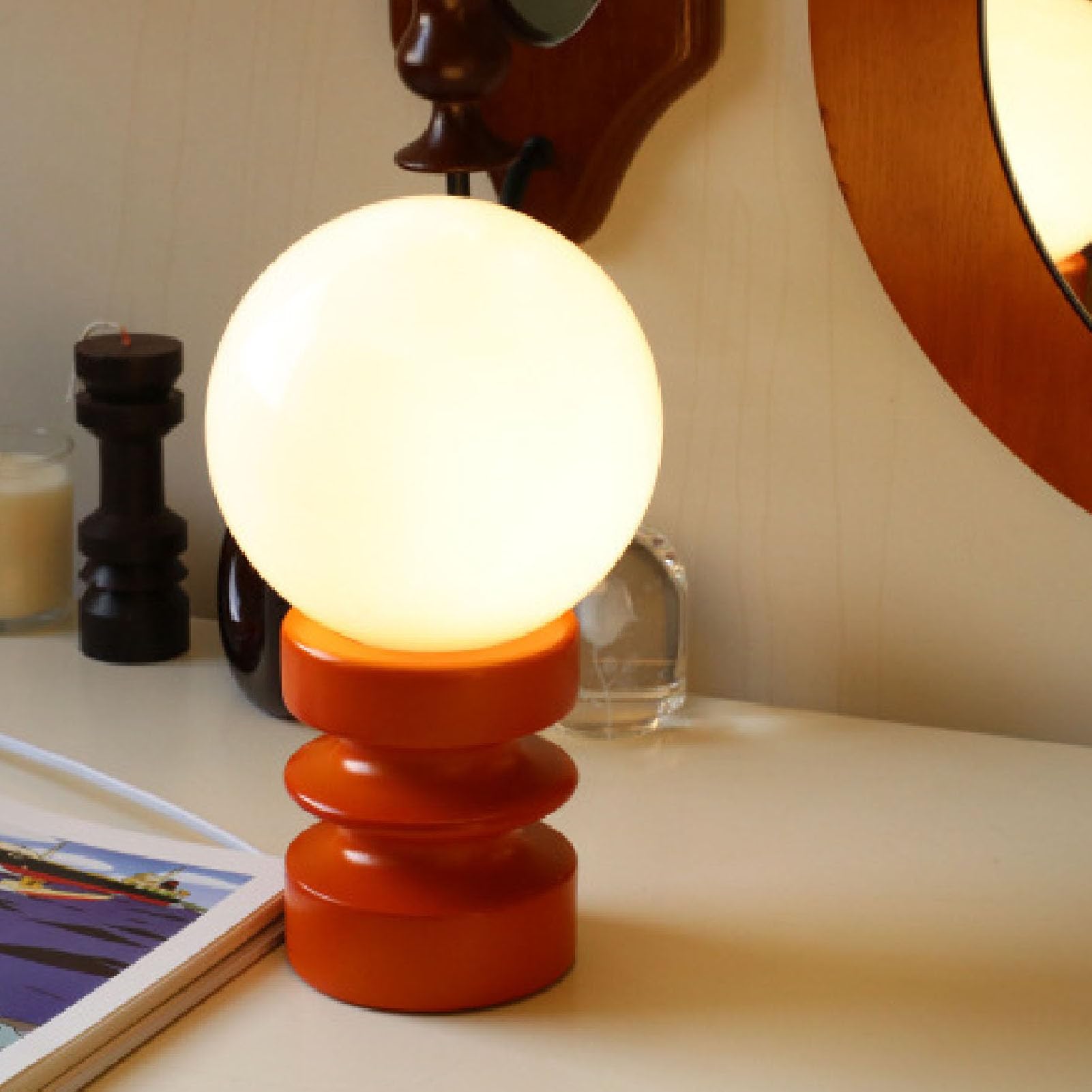 Pequeña Lámpara de Mesa de Bola Retro con Base de Madera Lámpara de Mesa Inalámbrica Portátil, Inalámbrica, Lámparas Táctiles de Mesita de Noche Pequeñas para Sala de Estar