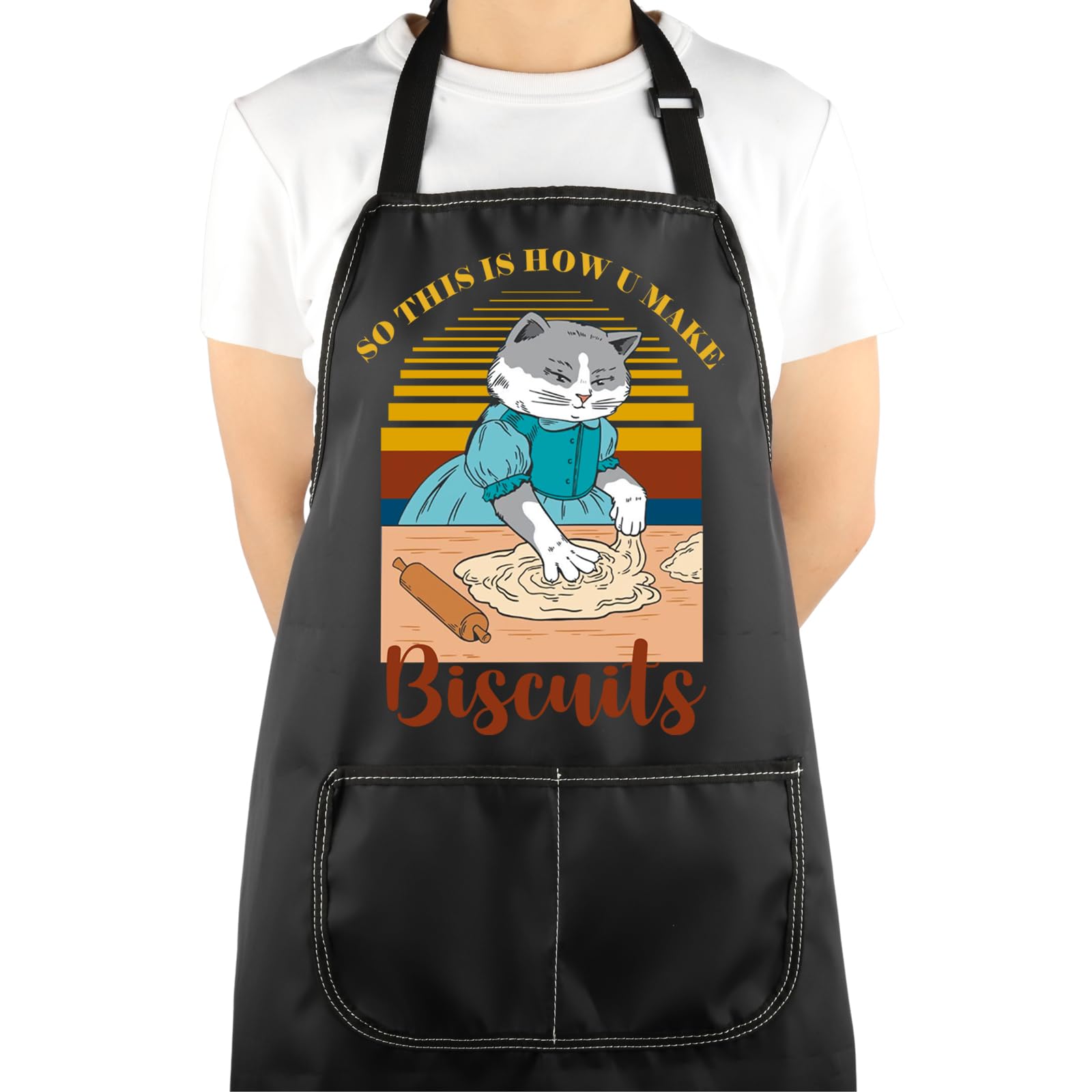 VAMSII Cat Lover Apron With Pockets - Cat Making Biscuits Kitchen Gift For Chef & Baker