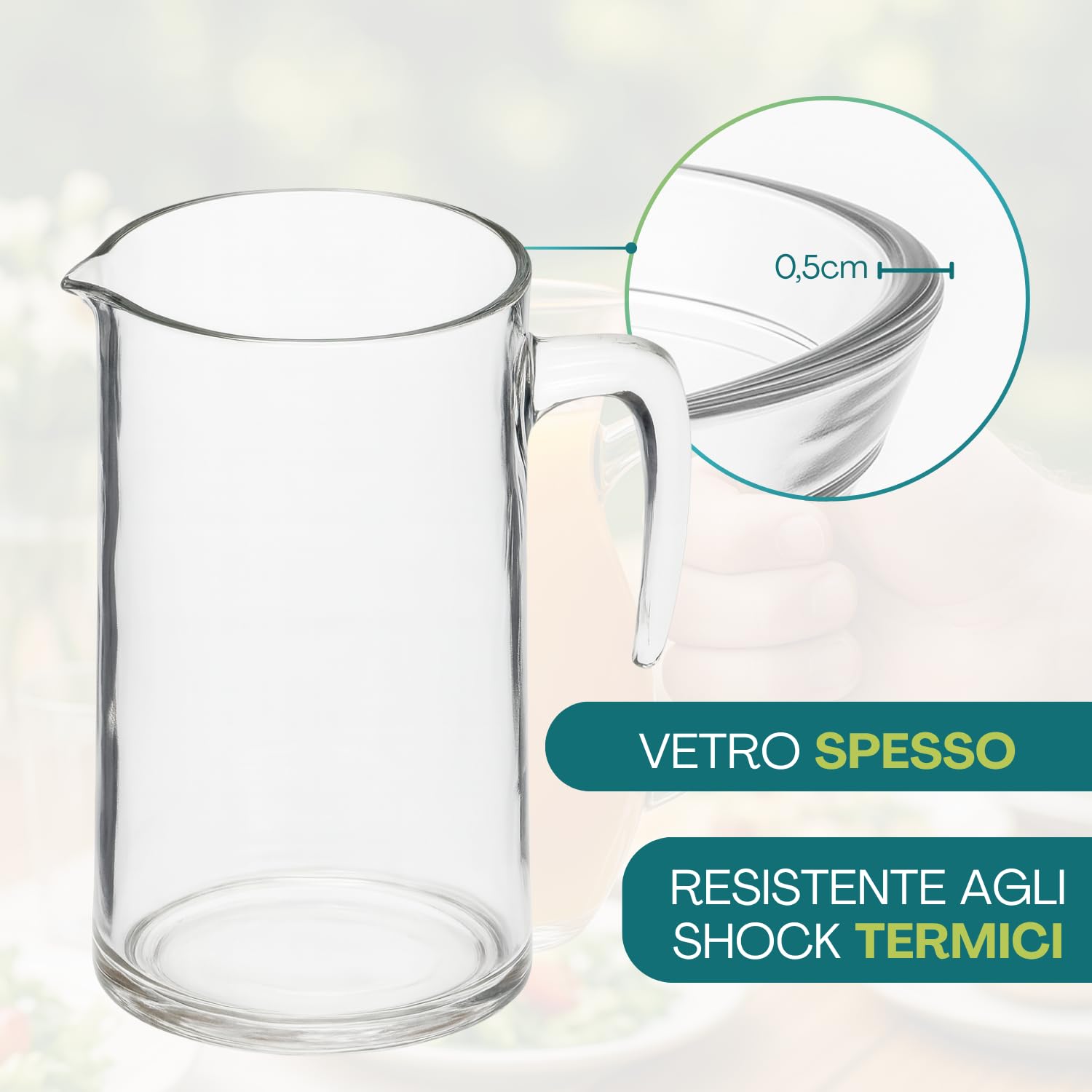 PALUPLUS 12 Caraffe da Tavola in Vetro con Coperchi Rossi da 1 Litro, Misura 10x20 cm, Brocca trasparente con Manico e Beccucio Antigoccia, per acqua, bevande, Lavabile in lavastoviglie -5012F -10,2