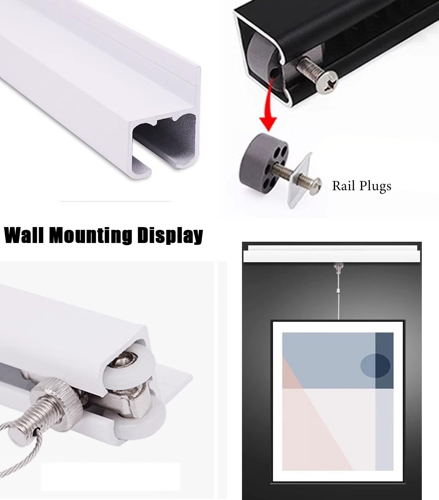 Système d'accrochage réglable pour Tableaux - Rail de 145 cm avec Crochets pour œuvres d'art, miroirs et Cadres, Fixations Professionnelles pour cloisons sèches - Idéal pour Les musées et la