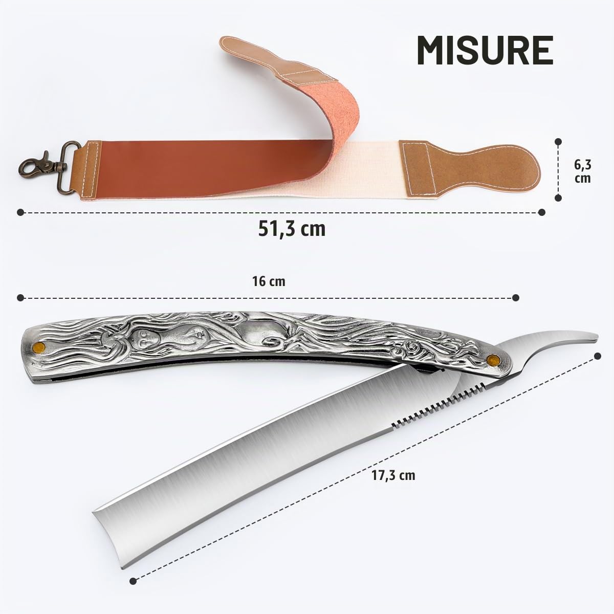 M&LD Rasoio Professionale per la Gola con Affilatrice in Pelle di Mucca - Lama da Barba per Barbieri Taglio Singolo Kit Rimozione Neve in Acciaio Inox per Rasoi Domestici da uomo
