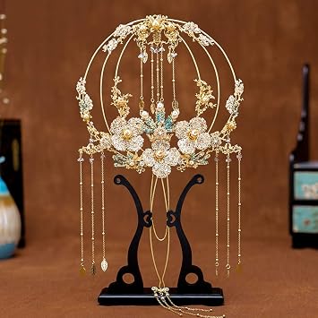 Crystal Bride Fan Golden Flowers Wedding Bouquets Chinese Hand Bouquet
