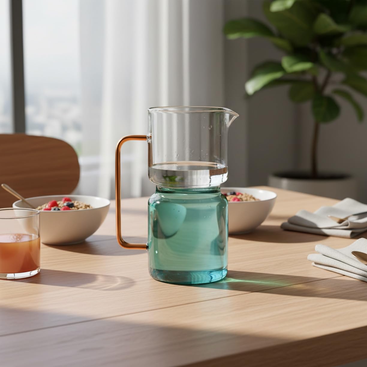 Baroni Home Caraffa in Vetro Borosilicato, Brocca con Manico, Design Moderno, Caraffa con Sistema Antigoccia, Facile da pulire, per Bevande Calde e Fredde, 1L, 14,5x9x18,5 cm (Bicolore Squadrata)