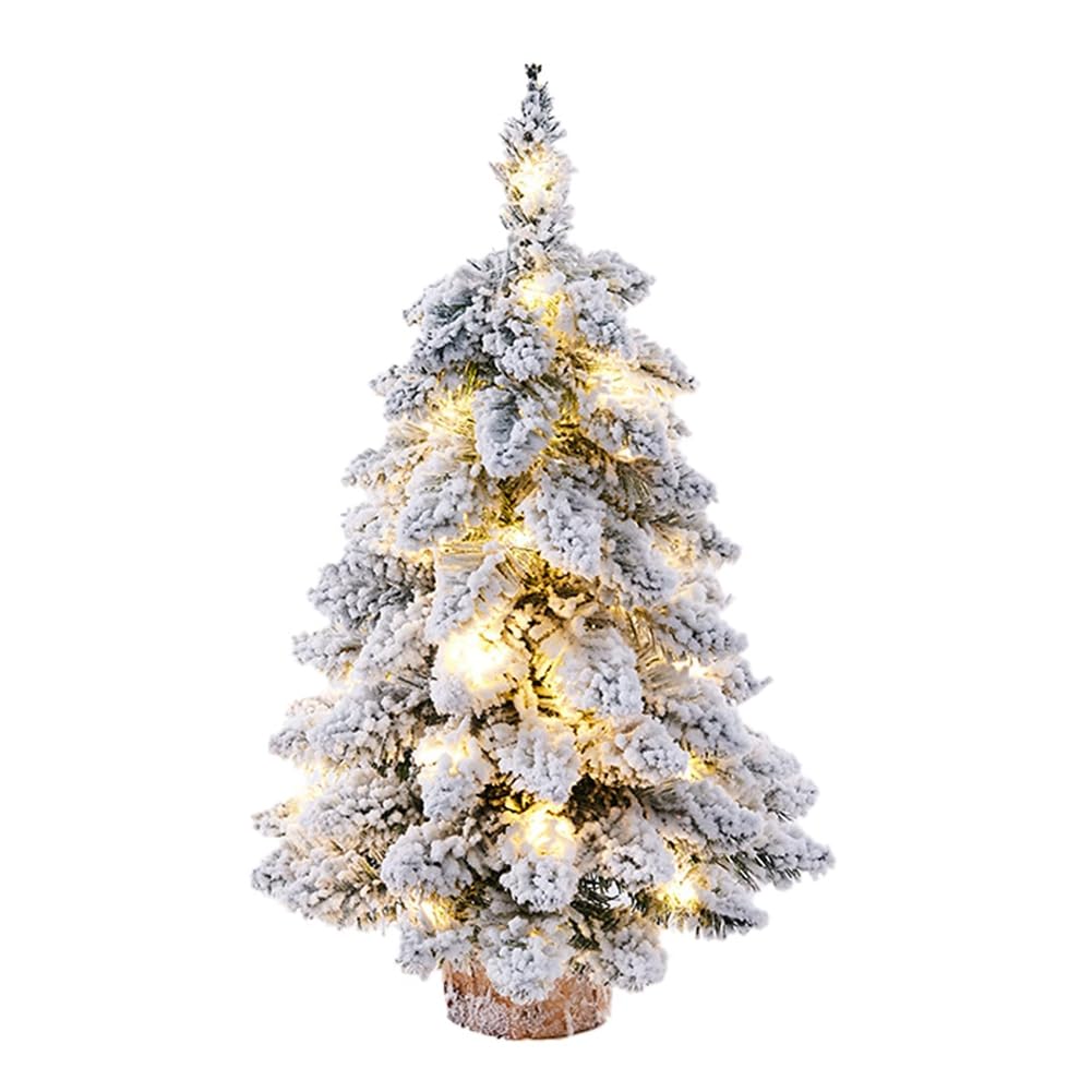 CTRLZS Desktop Christmas Tree Snow Flocking Artificial Christmas Tree Mini Christmas Tree with Lamp & Wooden Base