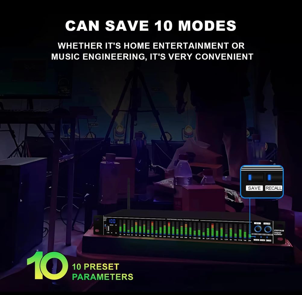 Ecualizador Digital EQ31SUB Sintonizador de 31 Bandas Procesamiento de Audio con reducción de Ruido de Escenario Profesional Ecualizador gráfico estéreo con Pantalla LED de Espectro