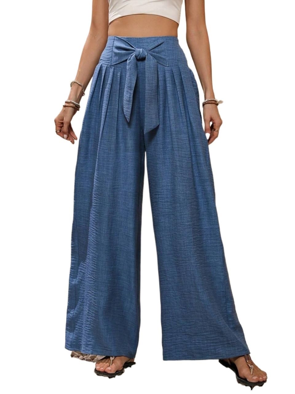 Womens Fall Elastic Waist Wide-Leg Pants Trousers Blue