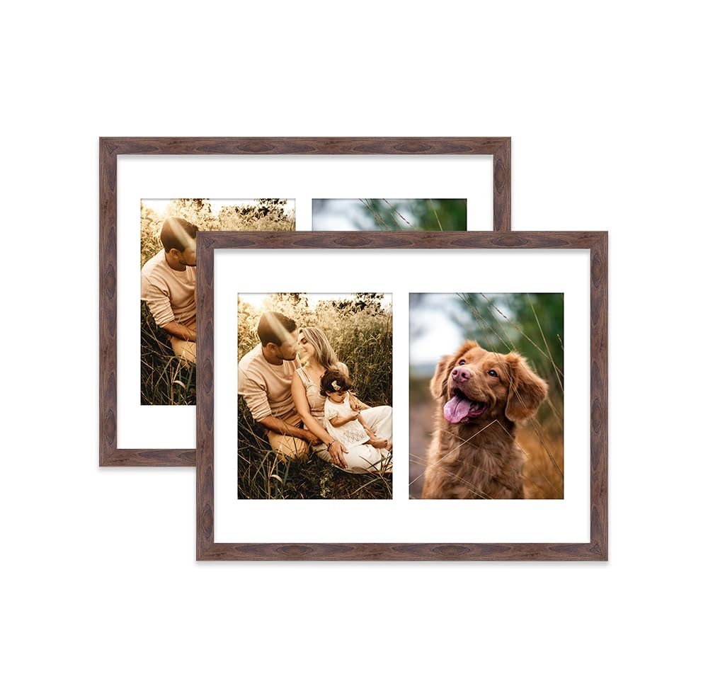Walnut Multi Photo Frame - Holds 2 x 8x6 Pictures, Family Collage Picture Frame for Wall Display, 14x11 Frame size, Set of 2