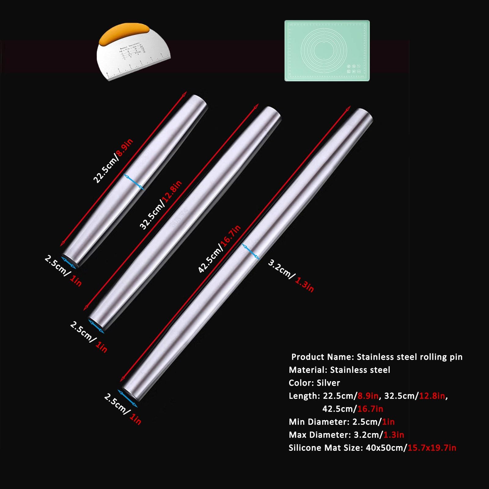 Rodillo de amasar cocina Tapete Rodillo Para Masa Con Rasqueta Para Masa, Rodillos Cónicos De Acero Inoxidable Con Tapete De Silicona Para Pastelería, Rodillo Antiadherente Para Tortillas(L 42.5cm/16.