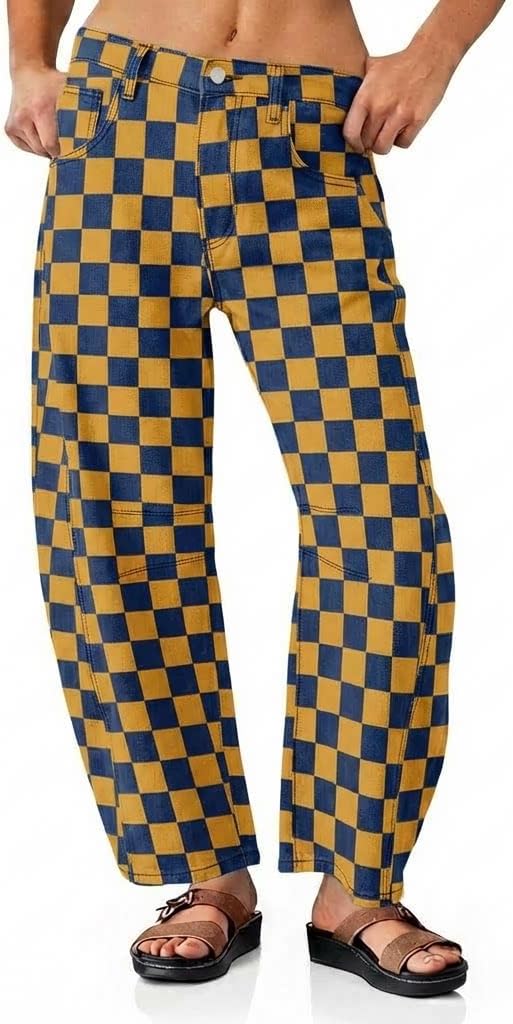 utcoco Women's Checkerboard Print Barrel Leg Jeans Boyfriend High Waist Wide Leg Stretchy Denim Pants