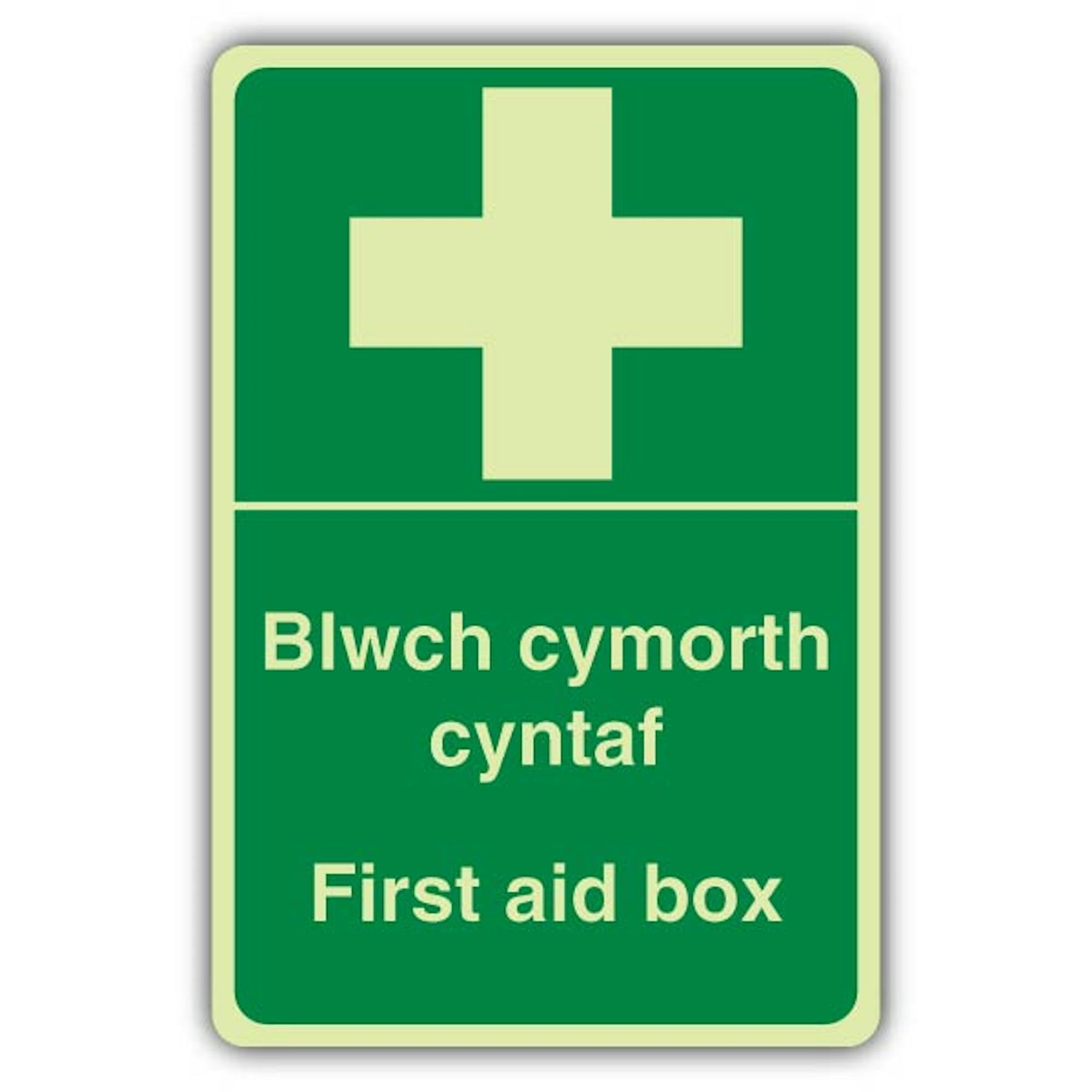 V Safety First Aid Box Schild, 300 x 450 mm, Walisisch/Englisch