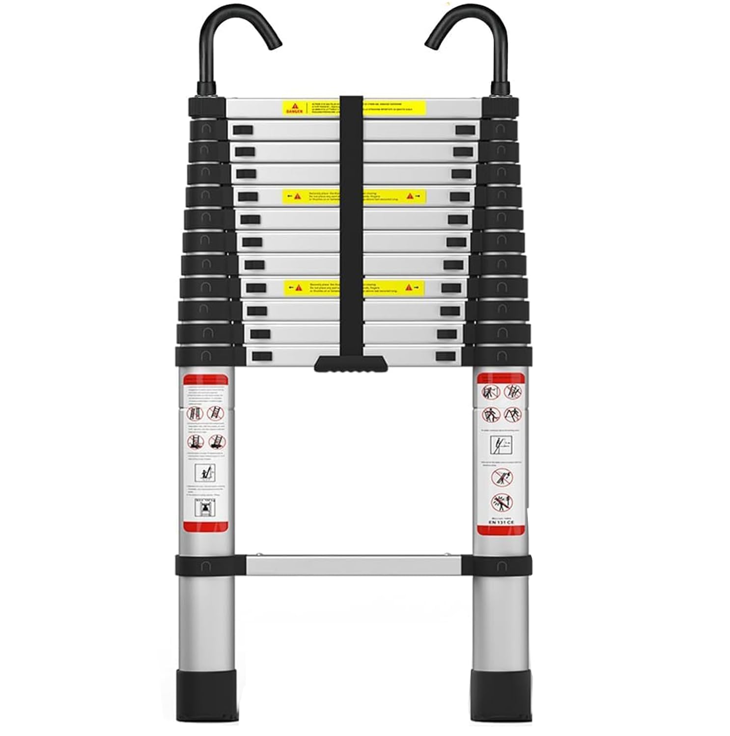 4.4-Meter Foldable Telescoping Ladder with 2 Detachable Hooks Single-Rung Design 330 lbs Load Capacity, Collapsible Heavy-Duty Ladder for Outdoor Use Stainless Steel