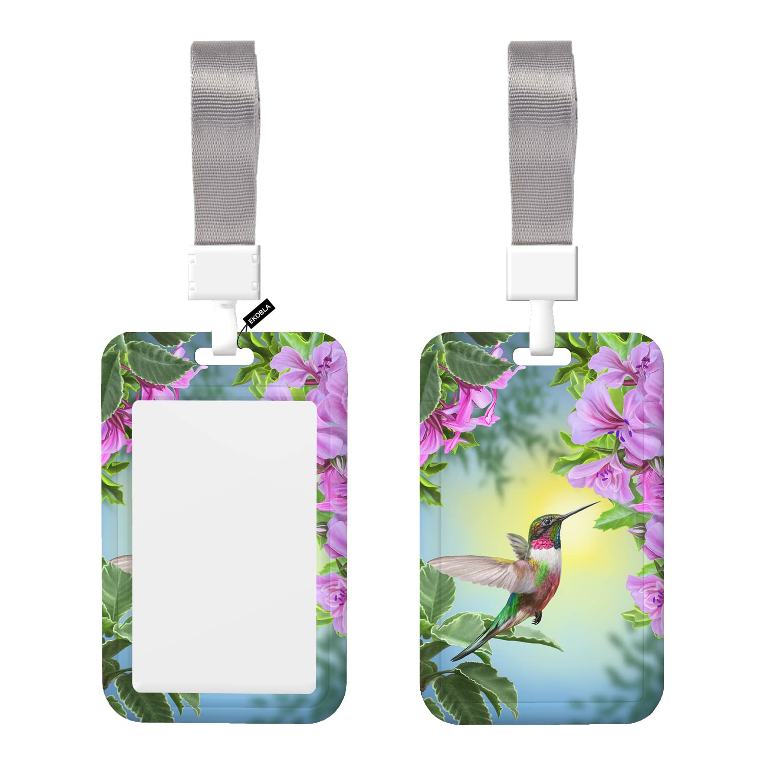 EKOBLA ID Badge Holder with Lanyard Slide Cover, Hummingbird ABS Clear ID Window Spring Pink Flowers Green Leaves Small Bird Beak Detachable Neck Lanyard for School Office Men Women