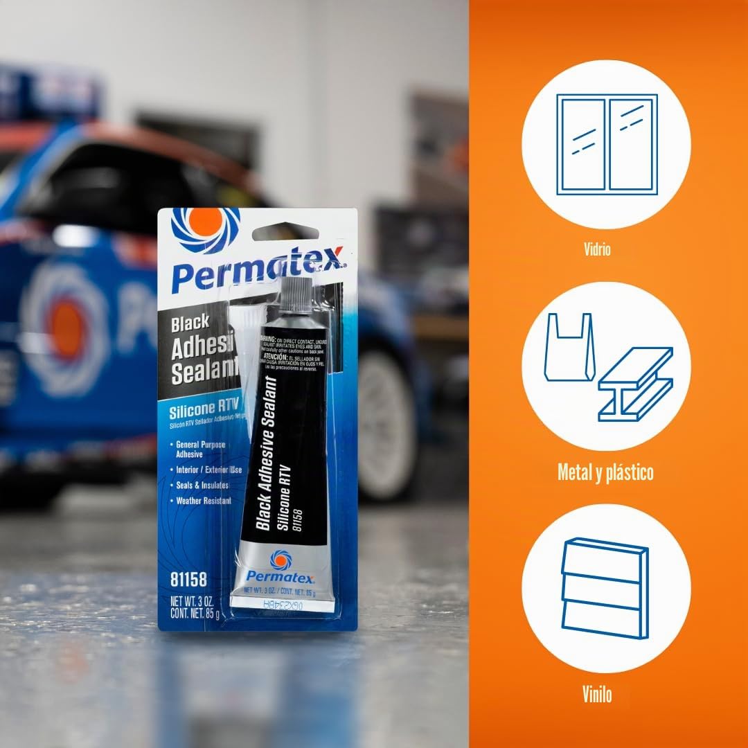 Permatex 81158 Sellador adhesivo de silicona negra, sellador adhesivo multiusos, se puede aplicar a una variedad de superficies, uso interior y exterior, 1 x 85 g