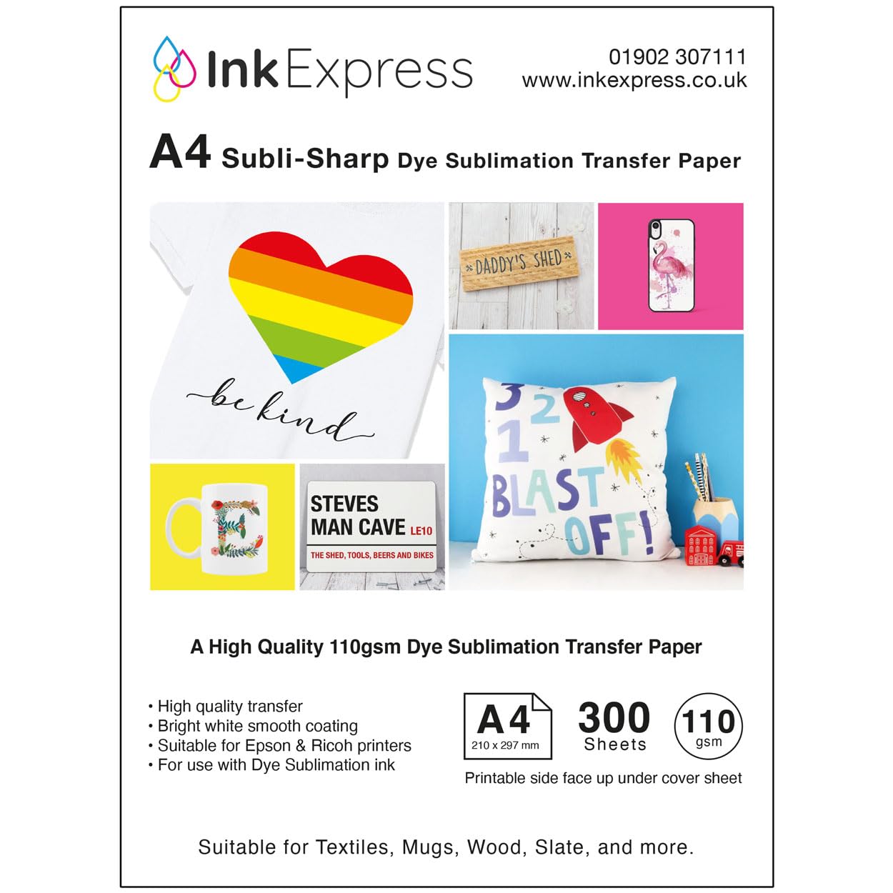 Ink Express Subli-Sharp 110gsm Dye Sublimation Transfer Paper Compatible with EPSON, SAWGRASS, RICOH, Brother Sublimation Printers (300 Sheets)