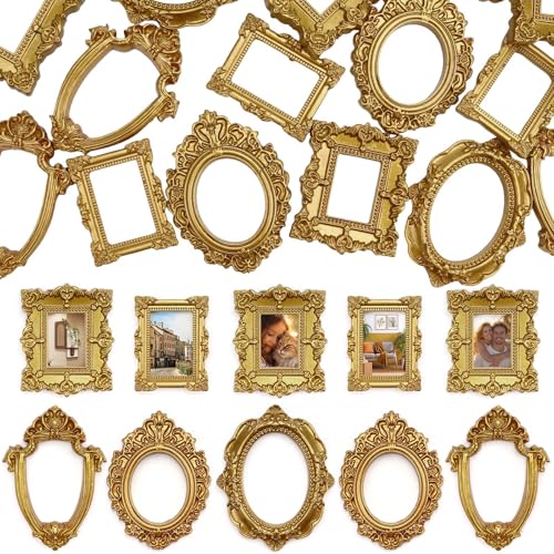 VICROIC 15 PCS Mini Vintage Frames, Tiny Resin Antique Frames, Small Gold picture photo frame for DIY Wall Hanging Jewelry Display Photography Party Hotel Home Decoration (mini frameA)