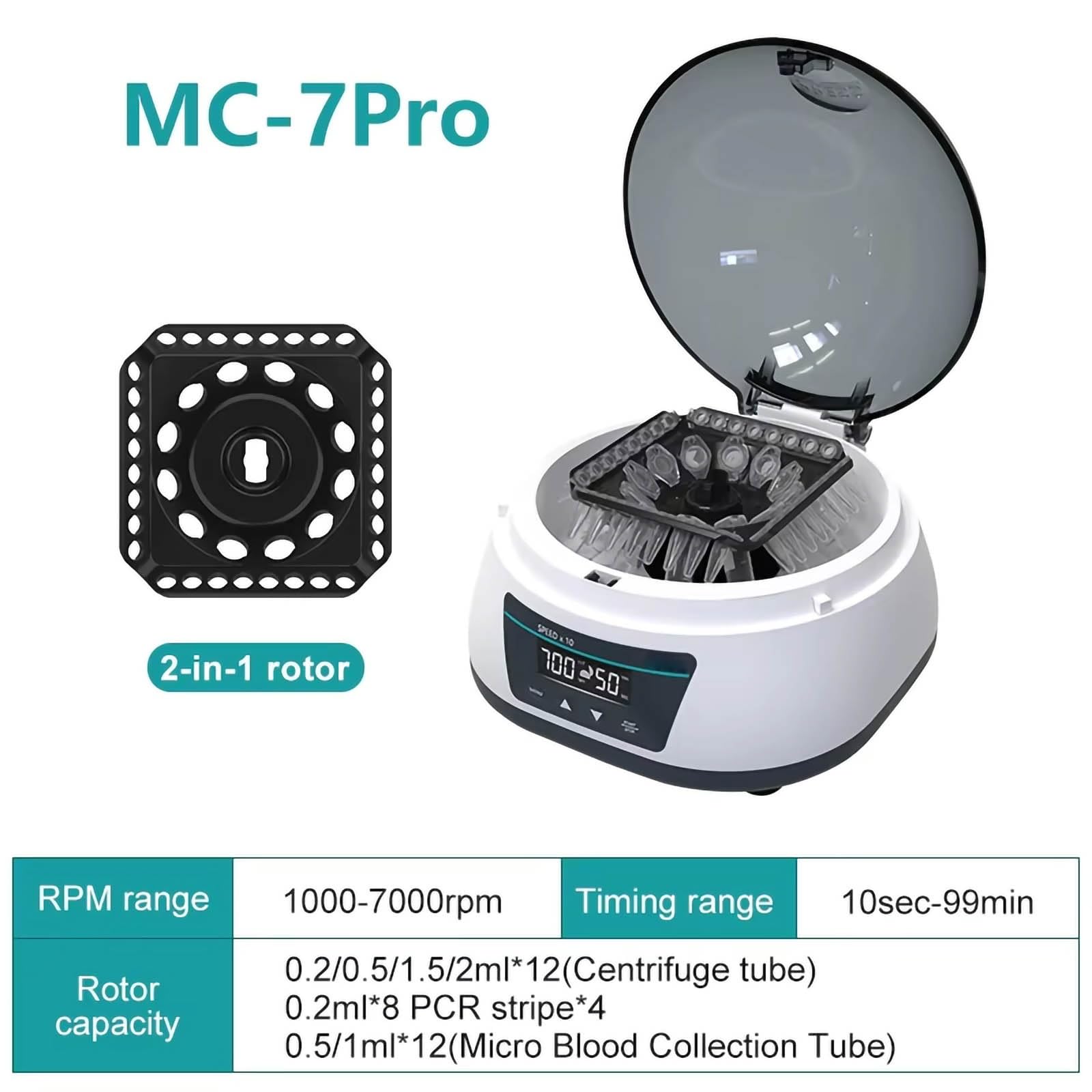 Mini centrífuga de laboratorio de velocidad fija de 7000 Rpm, máquina digital compacta con RCF de 3286 xg, rotor doble for tubos de centrífuga y tubos de recolección de muestras