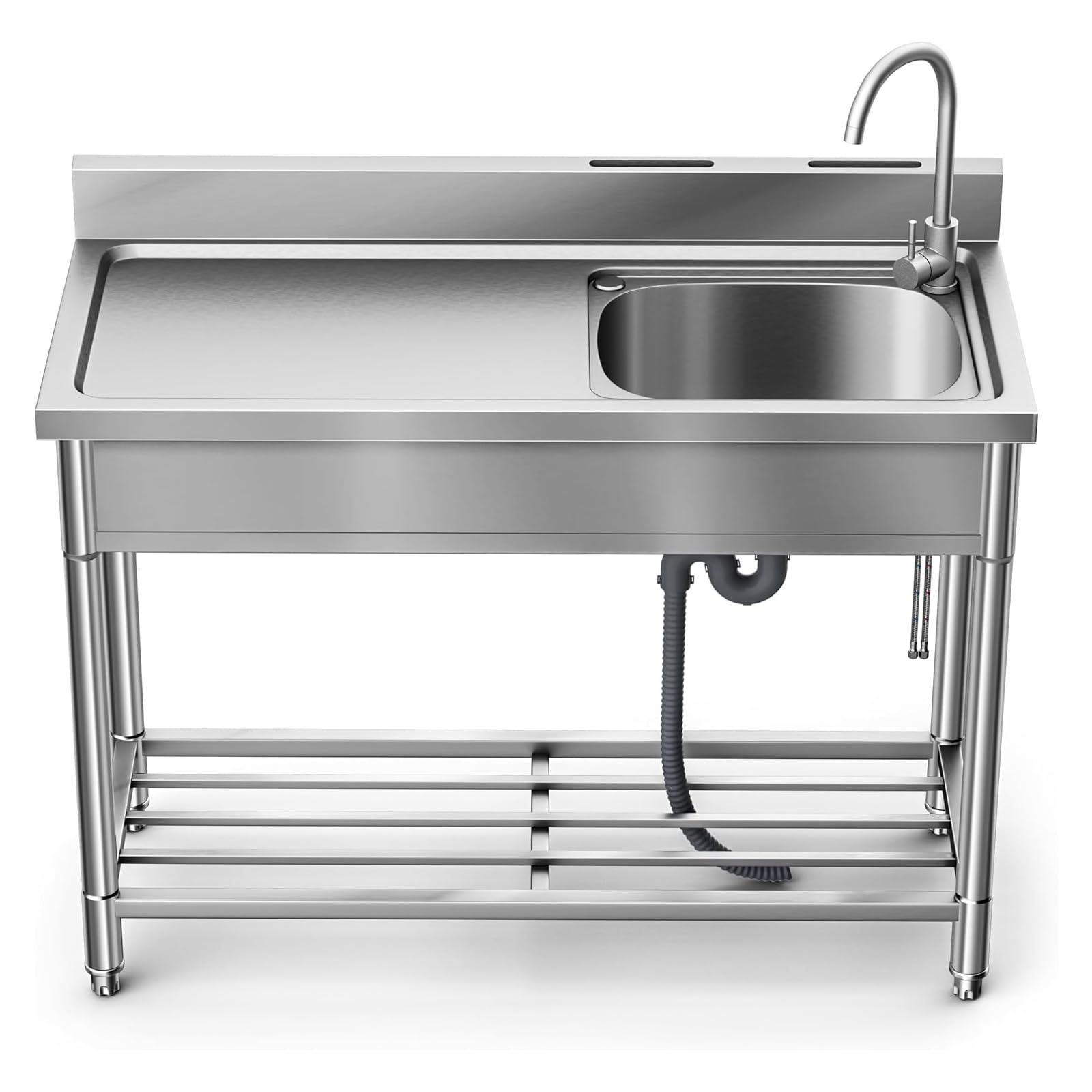 Évier Utilitaire en Acier Inox 1 Compartiment avec Table, Évier Autoportant à Cuve Simple avec Robinet et Pieds, Grand Évier Professionnel pour Cuisine, Buanderie, Salle de Bain et Jardin