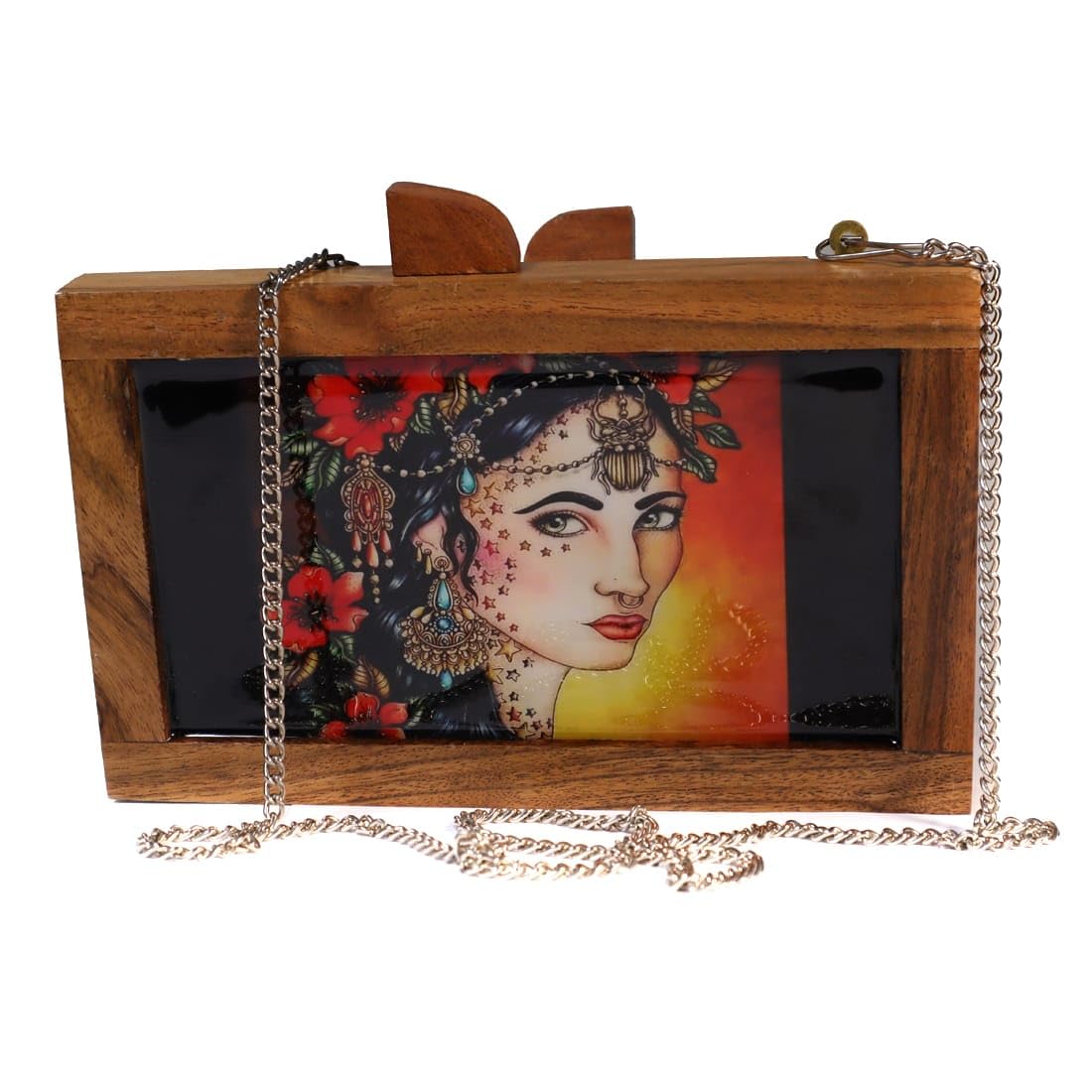 Fashionable Wooden Diamond Style Reversible printed clutch with Shoulder Chain for Women-image-21