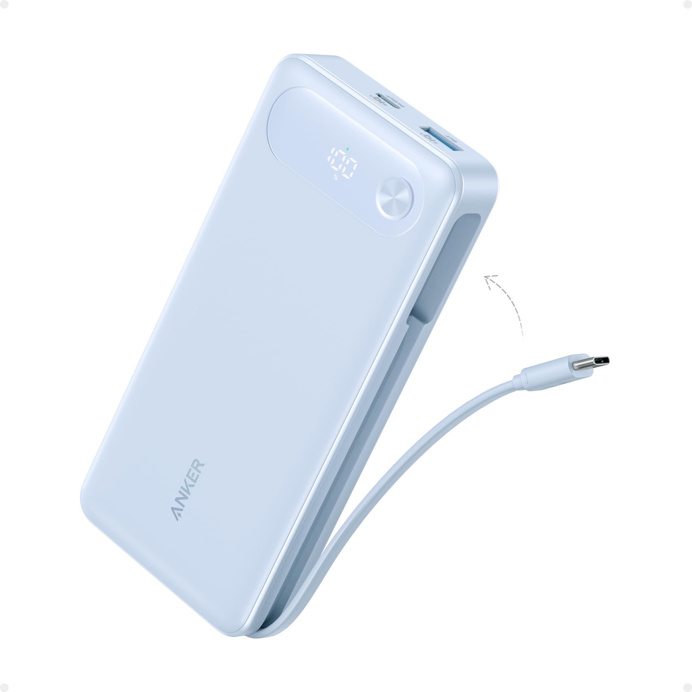 ANKER Power Bank, 20,000mAh Travel Essential Portable Charger with Built-in USB-C Cable, 3-Port 87W Max Fast Charging Battery Pack, for MacBook, iPhone 16/15 Series, Samsung, Switch, and More