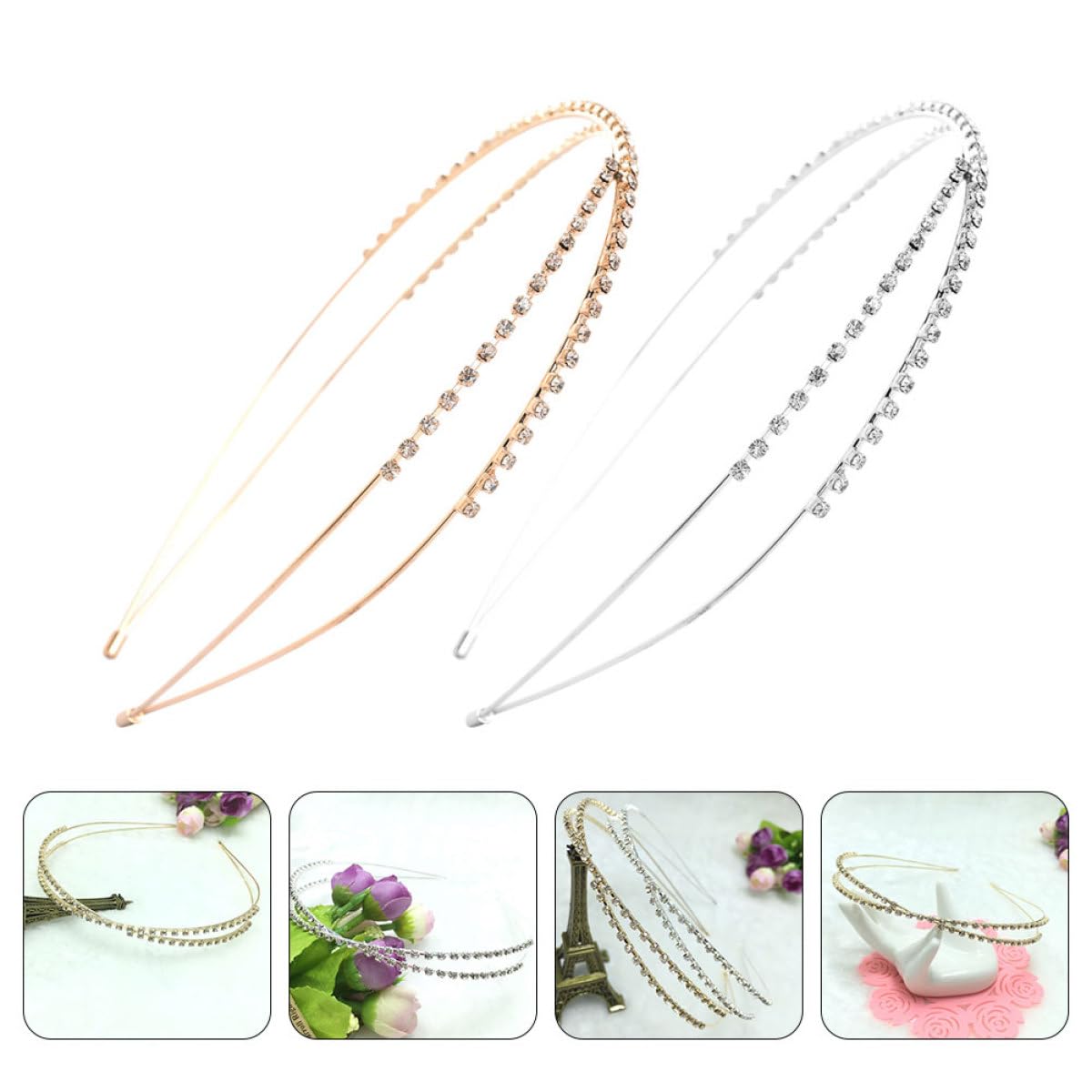 BETOOKY 2pcs Crystal Rhinestone Cross Hairband Set, Thin Beaded Headbands for Women, Wedding and Bridal Hair Accessories, Silver and Rose Gold Colors