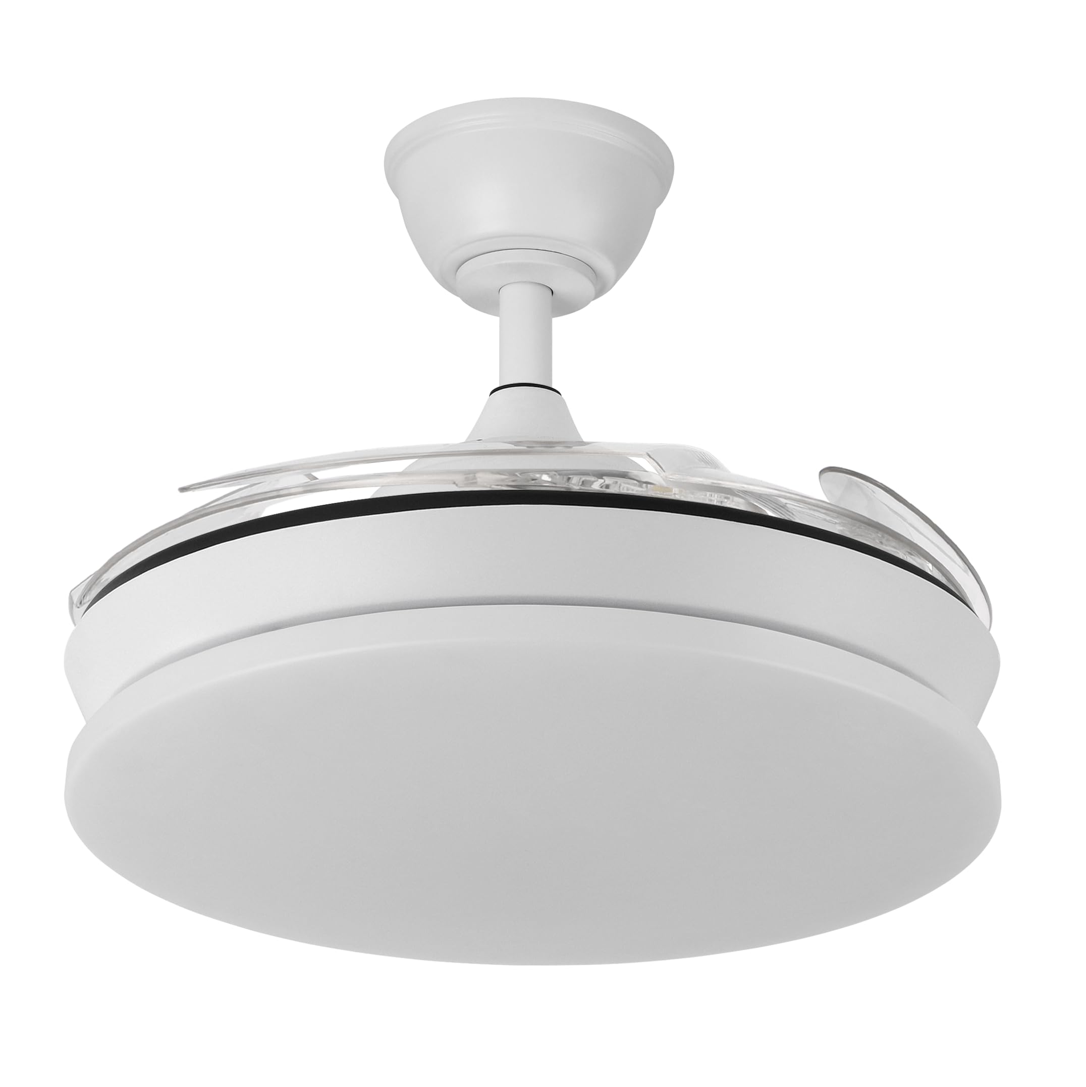 Vivid Torral Ventilador DC Tridente 59W Blanco con 4 Aspas Desplegables, Luz LED Regulable, Control Remoto y Temporizador, 91 cm Abierto, 40 cm Cerrado