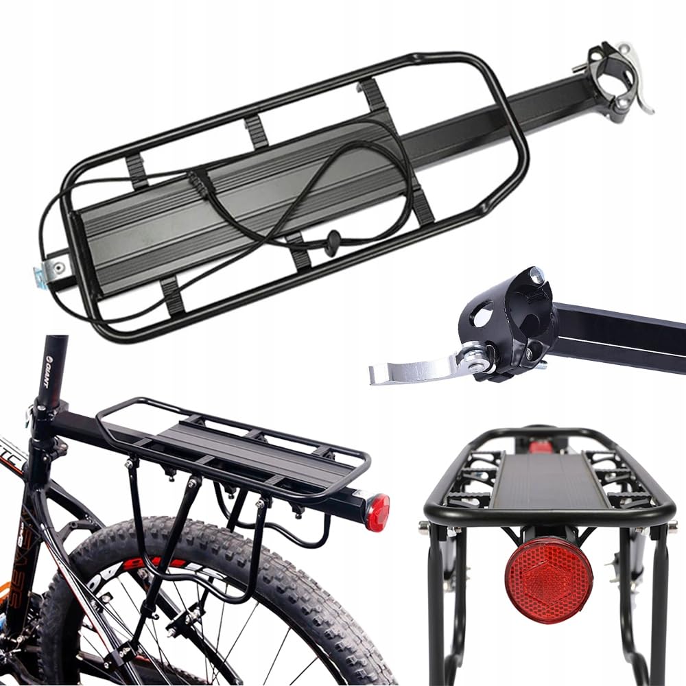 Portaequipajes Trasero de Aluminio Universal - para Bicicletas | Bastidor para 30 kg de Carga máxima | 53 cm de Longitud con Altura Ajustable | Ligero y Fuerte - Color Negro