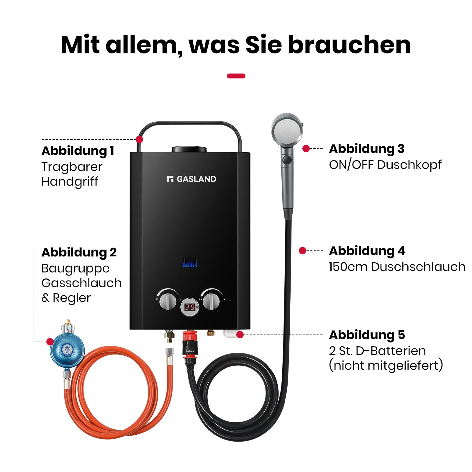 GASLAND BE158B Tankless Gasdurchlauferhitzer, 6L LPG Durchlauferhitzer 50mbar, Instant Gasdusche für Campingdusche Pferdedusche