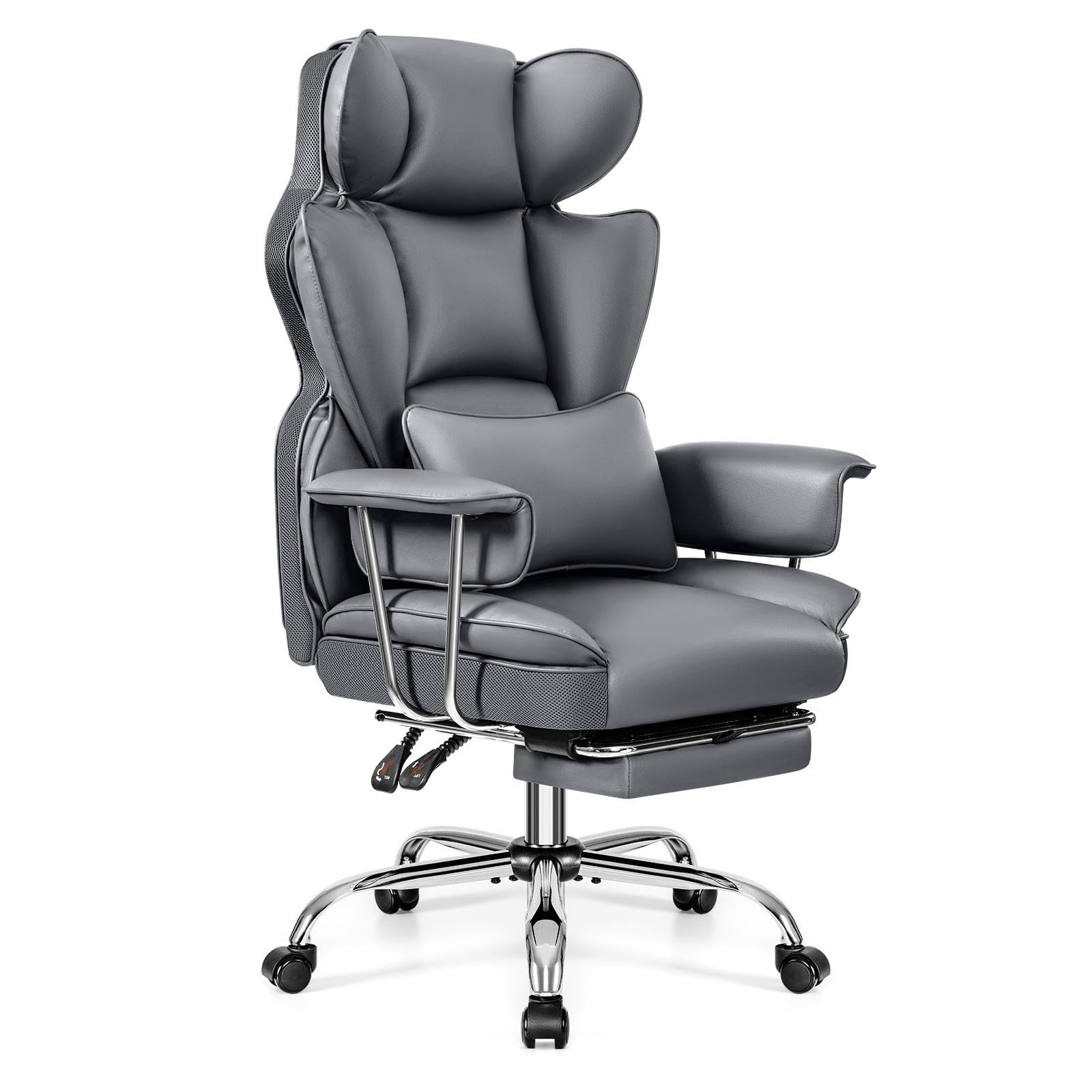 Office Desk Chair, Big and Tall Executive Office Chair with Footrest, Leather Computer Chair, Ergonomic Reclining Chair High Back with Lumbar Support, Large Home Office Chair (Gray)