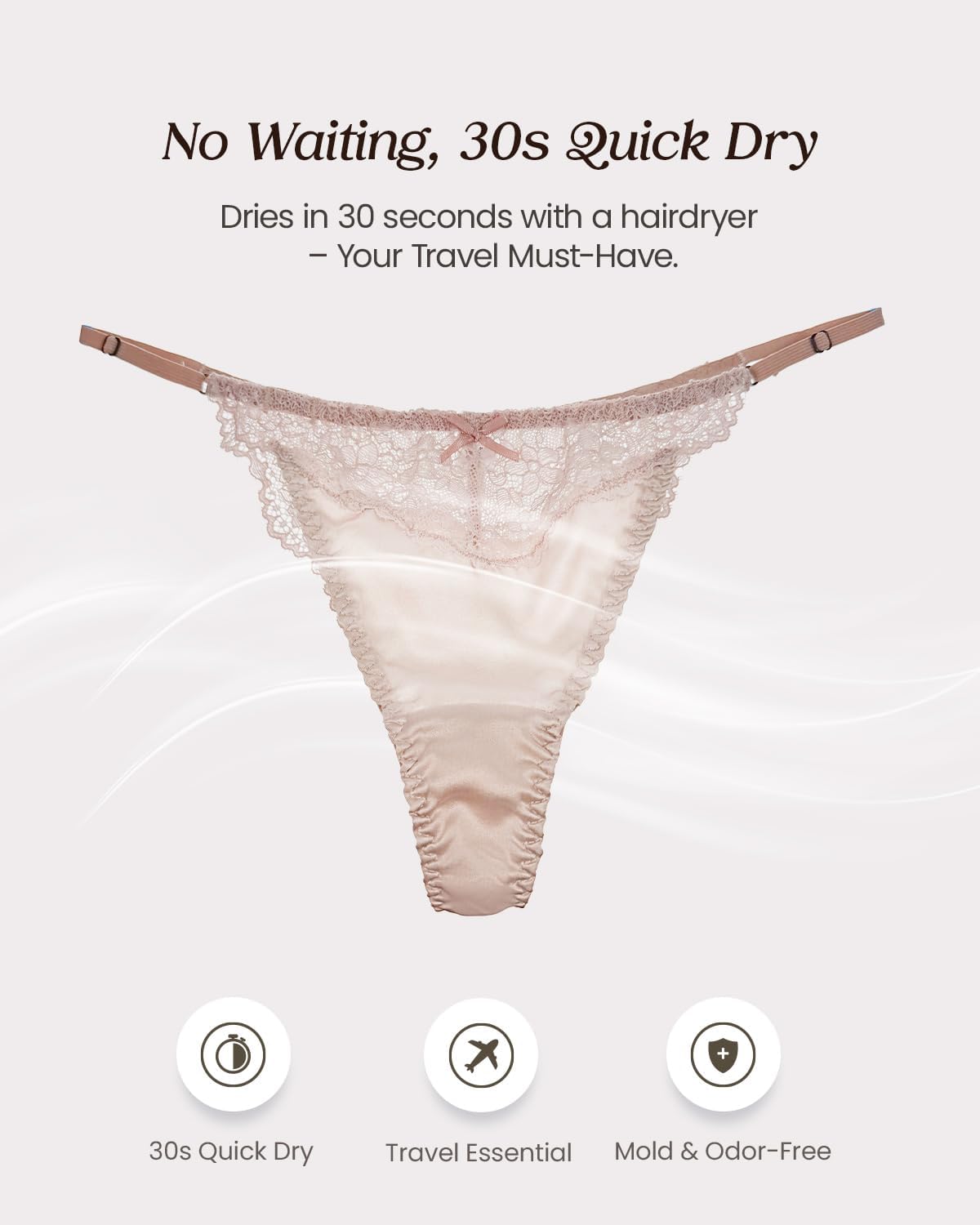 100% Mulberry Silk Thongs for Women, Sexy Shiny Silk Satin G-String Panties with Adjustable Ties, Cheeky T-back - Image 6