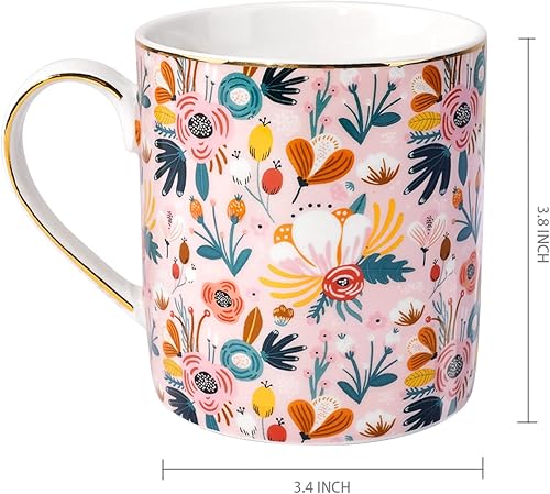 Miniatura 2 de WAVEYU Taza de cerámica para mujer, bonita taza de café y agua para vacaciones, diseño floral con asa para oficina en casa, taza decorativa de té de