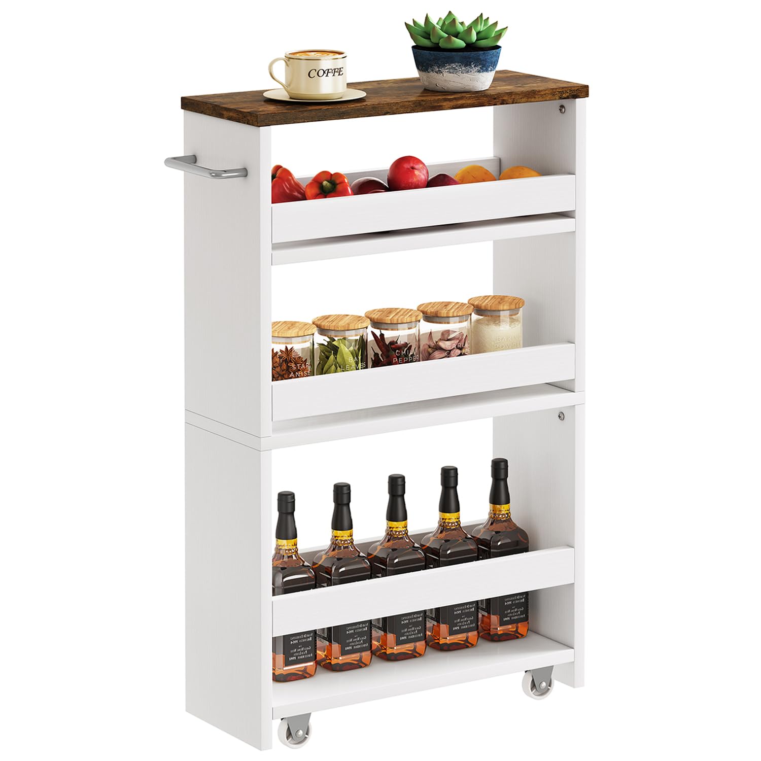 Slim Storage Cart 15cm, Rolling Storage cart on Wheels for Small Spaces, 4-Tier Narrow Storage Trolley, Slide Out Utility Cart for Kitchen, Bathroom, Laundry,White WST005W