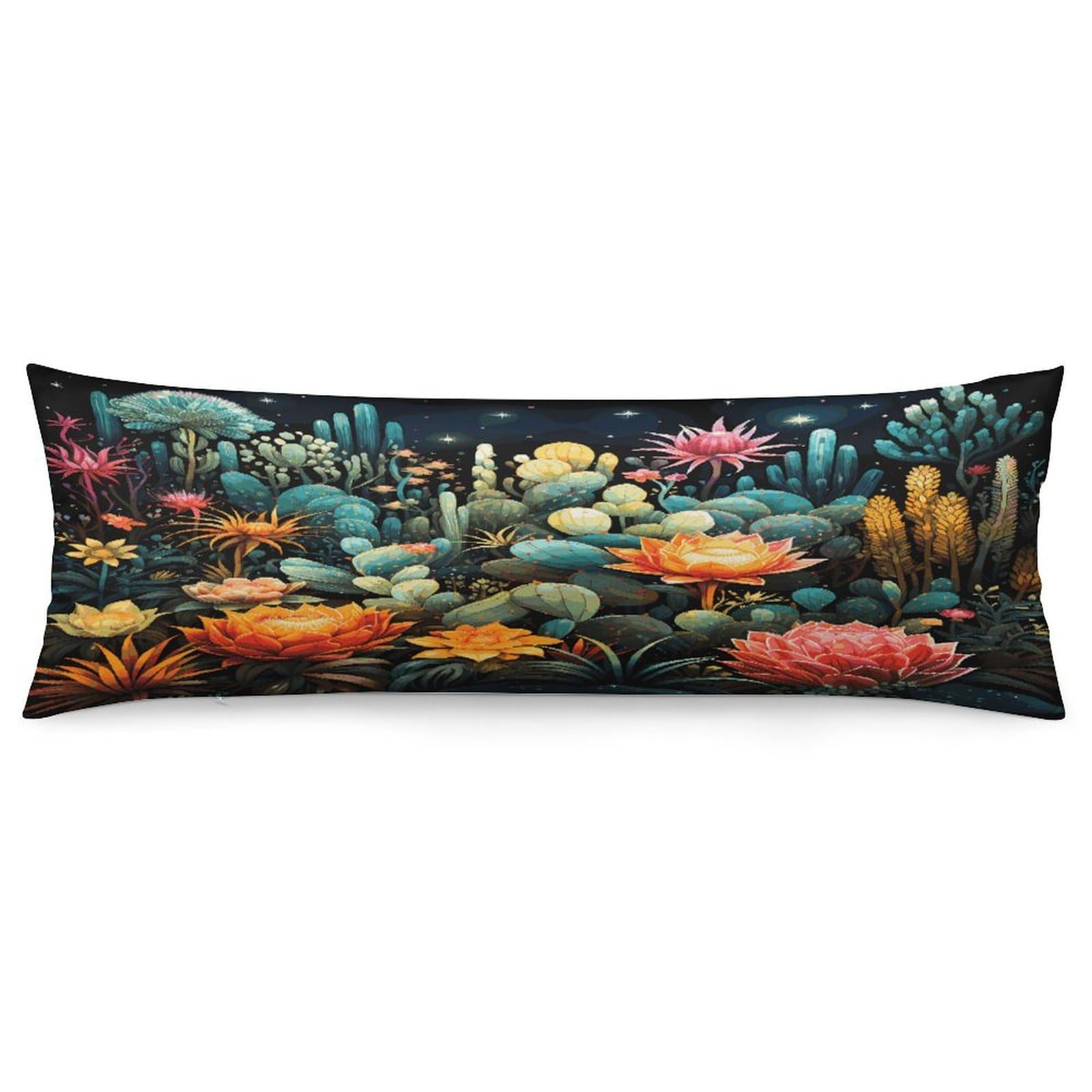 Colorful Cactus Pattern Pillowcase Long Body Pillow Cover Soft Decorative Body Pillow Case Breathable Large Pillowcase Cute Cozy Pillow Protector for Bed Sofa Couch Room 18.9 X 53 Inch