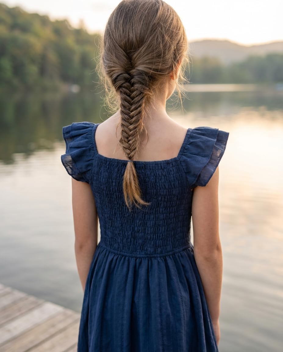 Girls Summer Dresses Smocked Flutter Sleeve Square Neck Ruffle Beach Party Teen Dress 6-14 Years