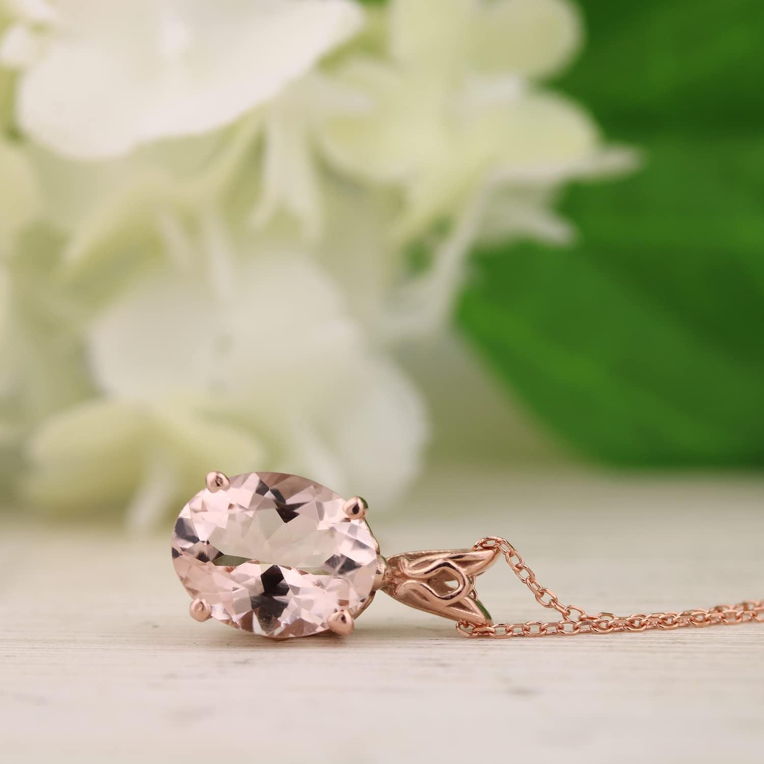 GNGJewel 14k Rose Gold Natural Morganite (10x8mm Oval) Scroll Style Pendant Necklace, 16'', 17'' 18'' Adjustable Cable Chain