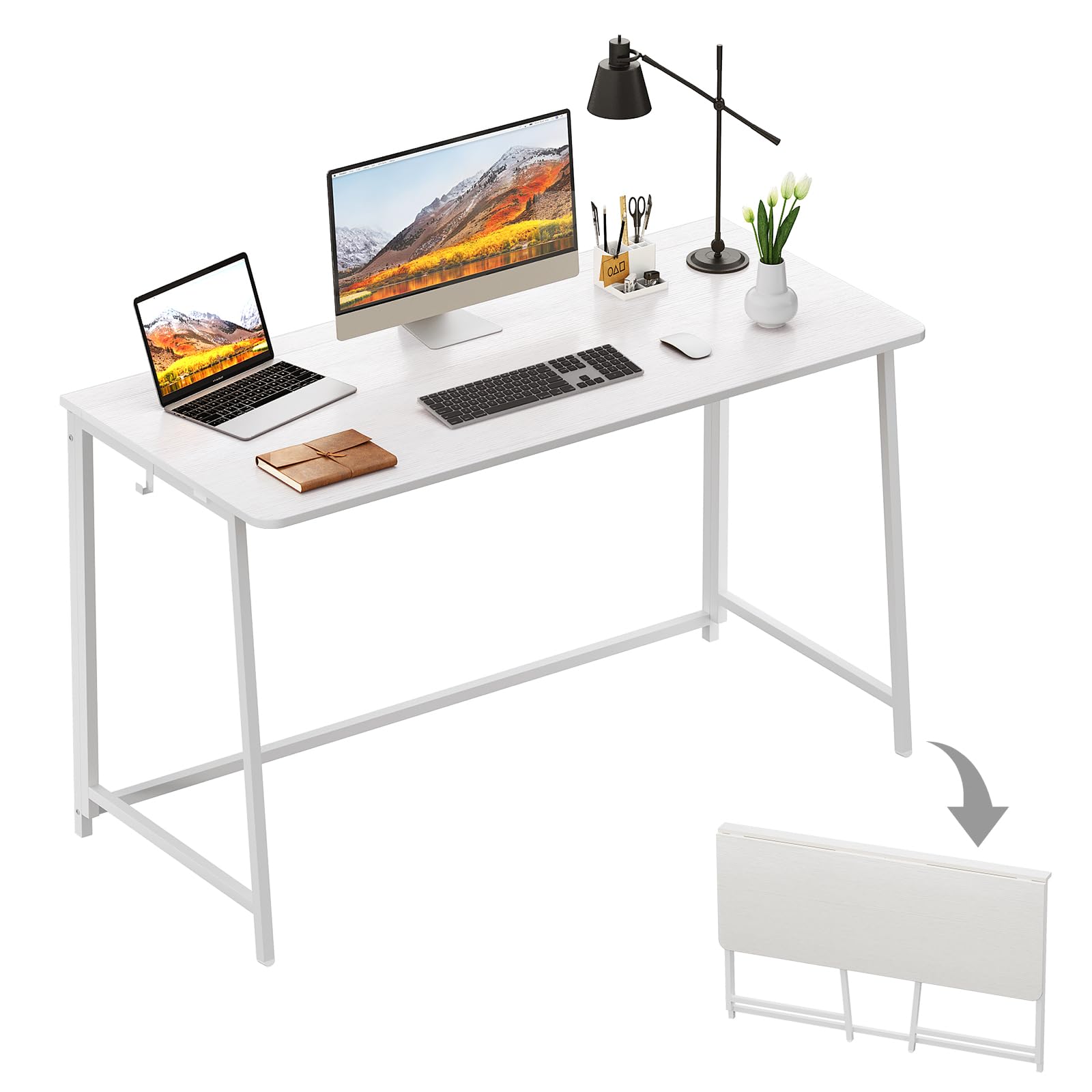 WOHOMO Folding Desk, 120cm Foldable Computer Desk for Bedroom, Space Saving Computer Table Writing Workstation for Home Office, Easy Assembly, White