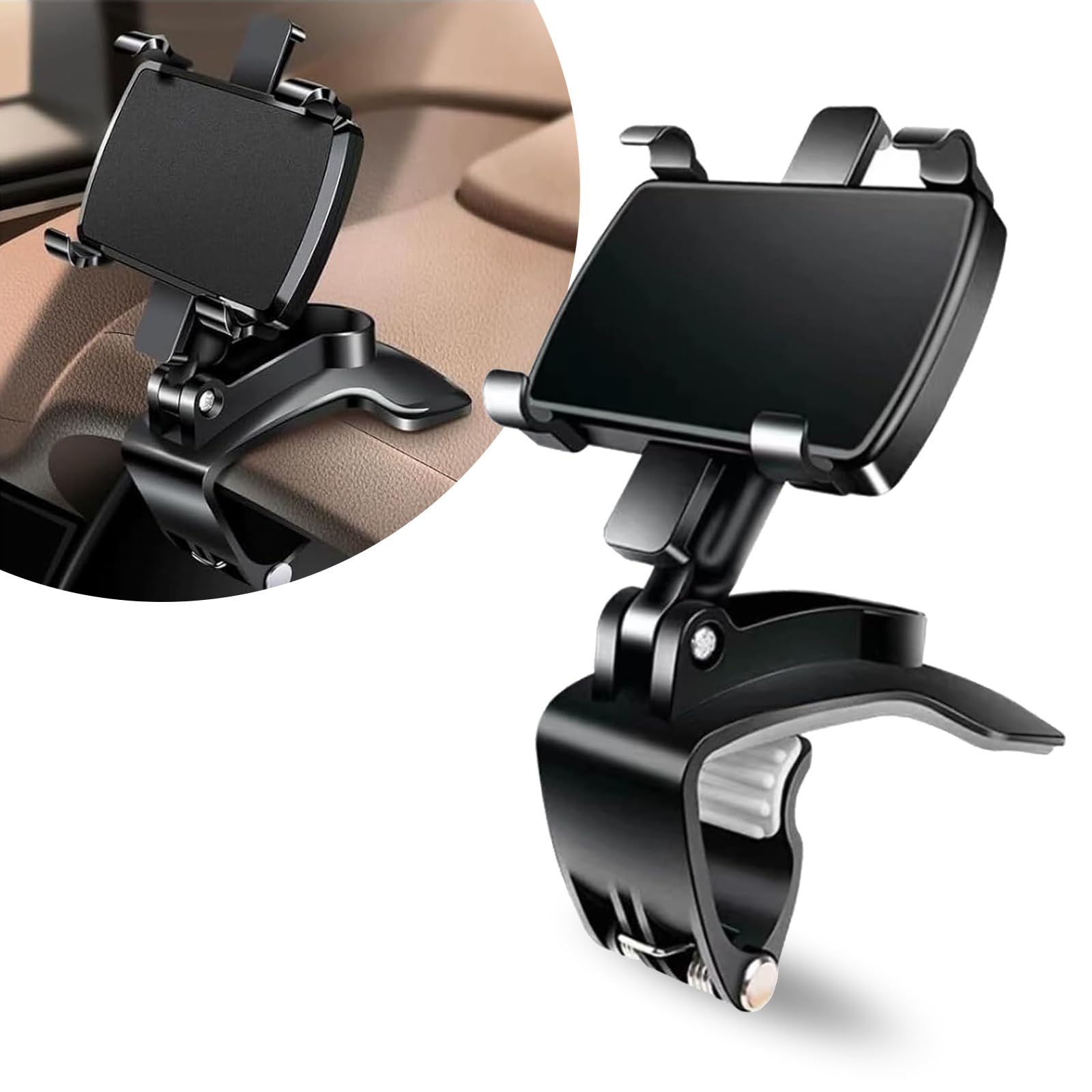 Pack-1 Car Dashboard Mobile Phone Holder, 360 Degree Rotating Non-slip Navigation Support, Multi-function Sun Visor Rearview Mirror Snap-in Grab and Go Cell Stand, Universal for Cars (Black)