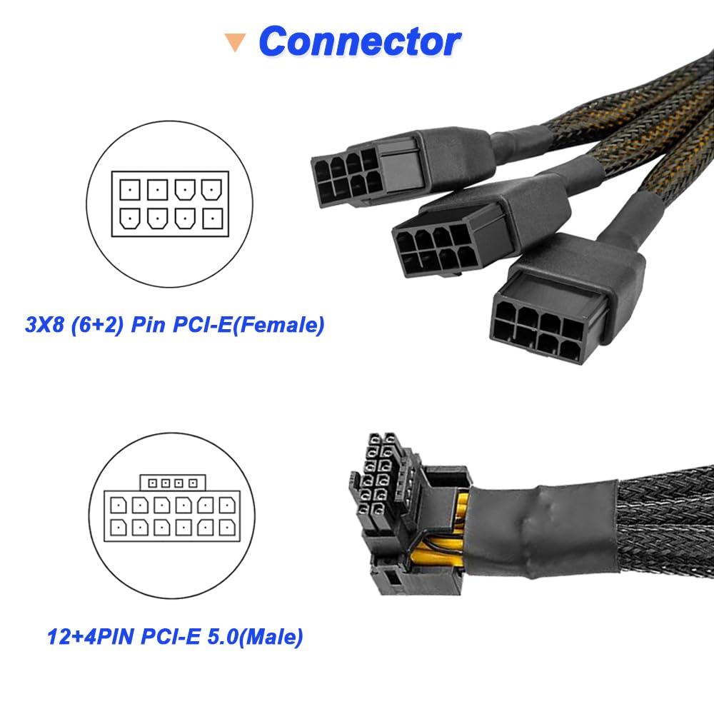 HAAMNING7 16 AWG PCIE 5.0 12VHPWR 600W 3x8 Pin to 16Pin (12+4Pin) 90 Degree Right Angle Supply Adapter Cable for Graphics Card RTX 4090 4080 3090TI 4070Ti (type A) — view 3
