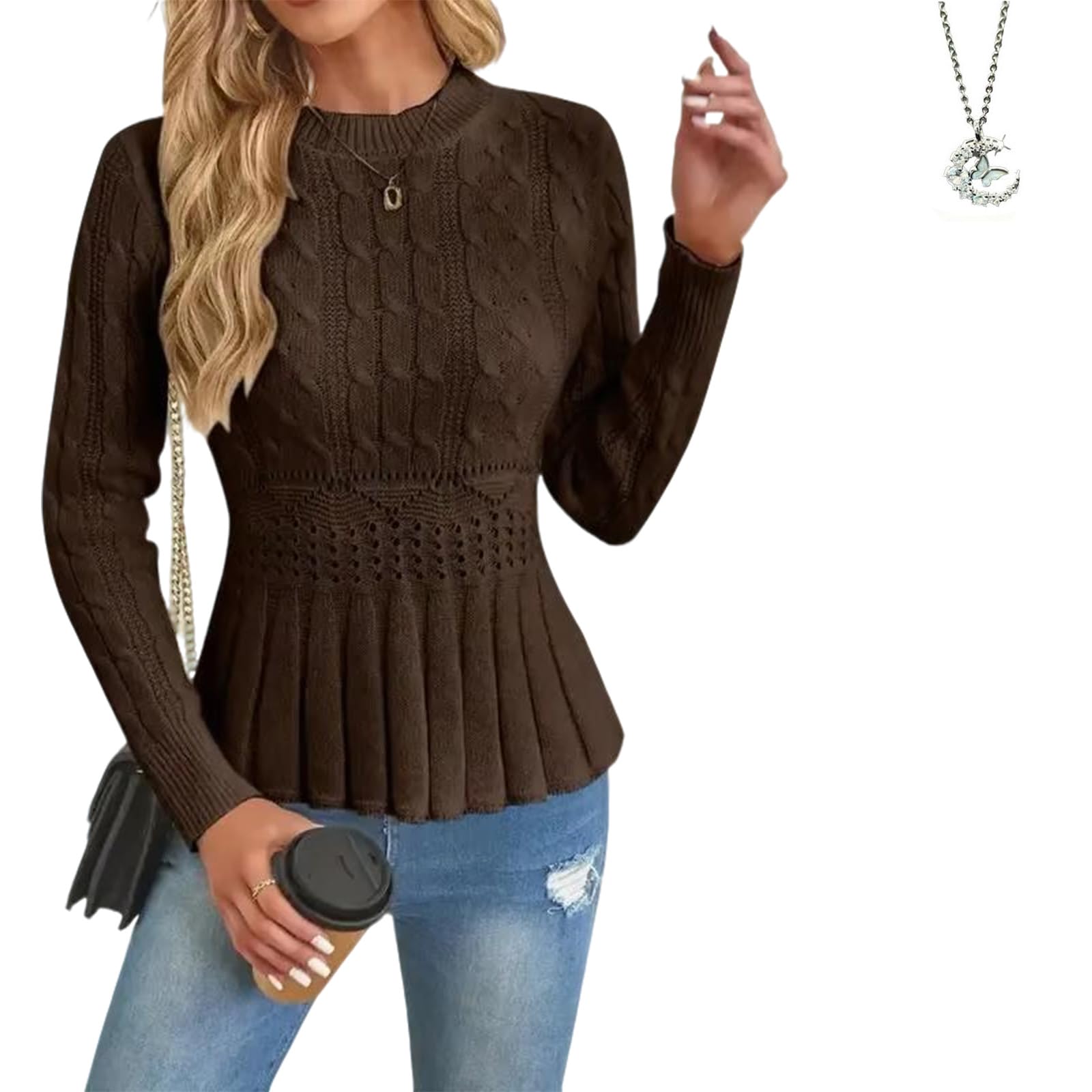 Maglione da donna in maglia grossa, girocollo, a maniche lunghe, alla moda, aderente, morbido, leggero, per autunno e inverno