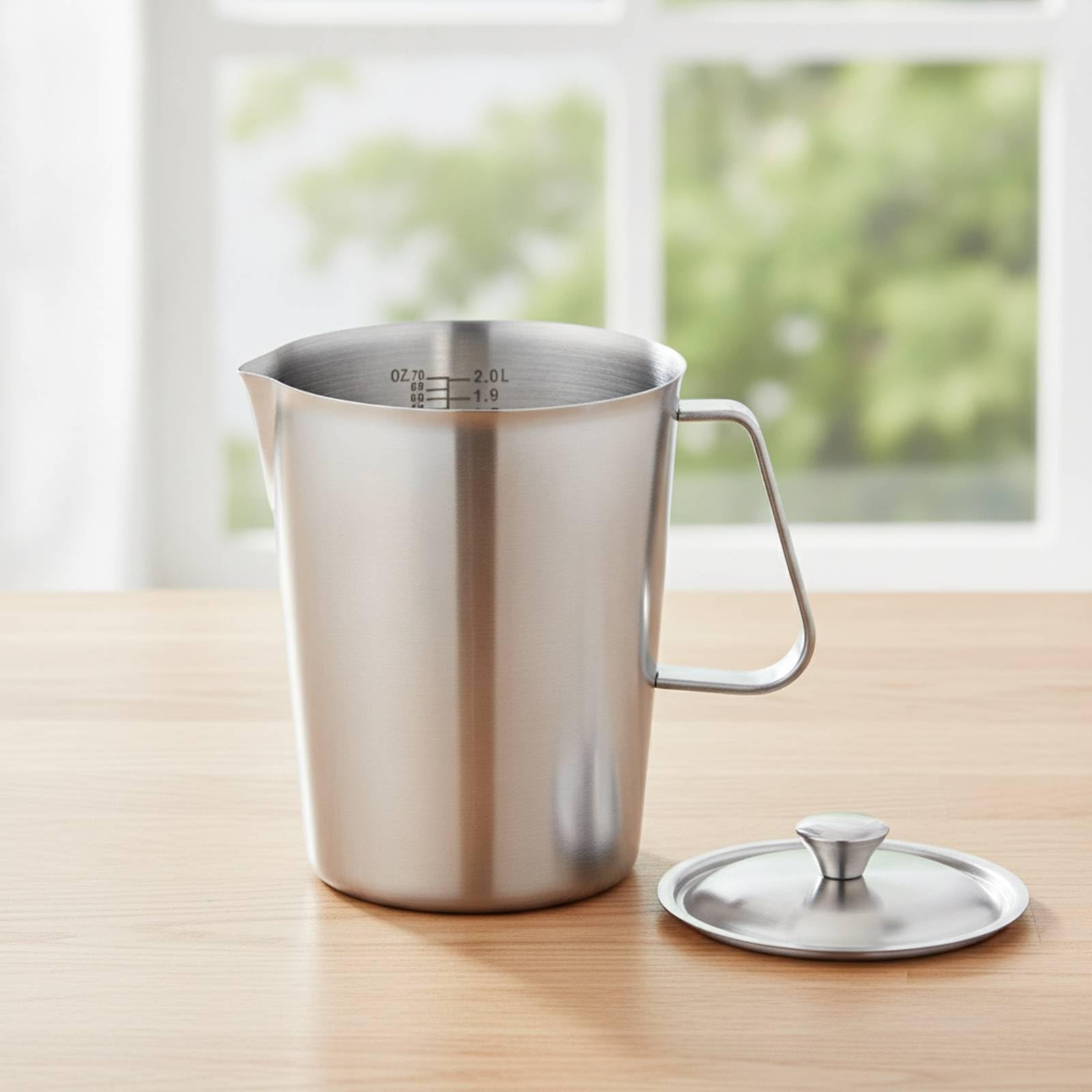 Medidora Acero Inoxidable Preciso Medidora con Tapa Práctico Vaso Medidor con Asa para Reposría, 2000ML