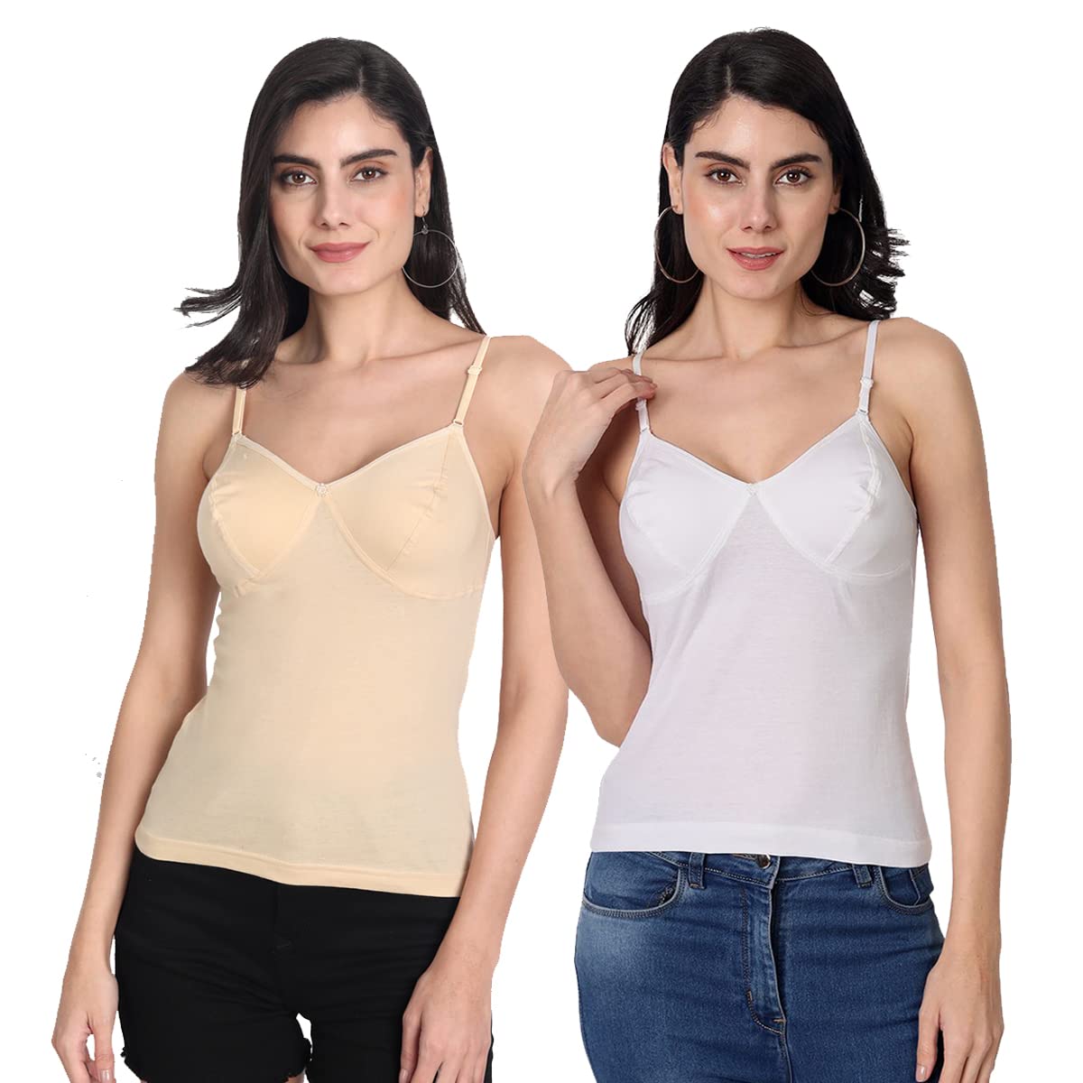 Women's Regular Fit Sleeveless Cotton Bra Cum Camisole Slip Spaghetti Pack of 2-image-15