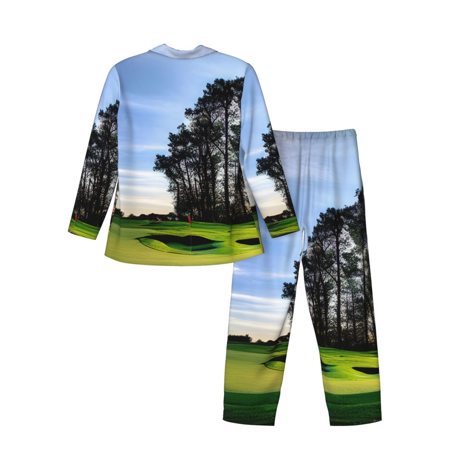 Męska piżama z długim rękawem i nadrukiem pola golfowego i drzewa oddychająca przytulna odzież wypoczynkowa dwuczęściowa bielizna nocna do wewnątrz