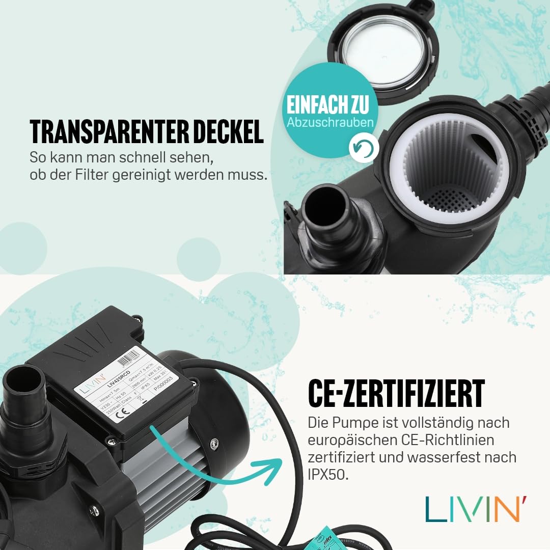 LIVIN' Poolpumpe 250W - Schwimmbad Schmutzwasserpumpe Poolfilter LIV425RCD im Pool Zubehör mit hoch 10 m Hmax - 65 dB Niedriger Geräuschpegel, Pool Pumpe wasser Filteranlage reinigt bis zu 10000 L/hr