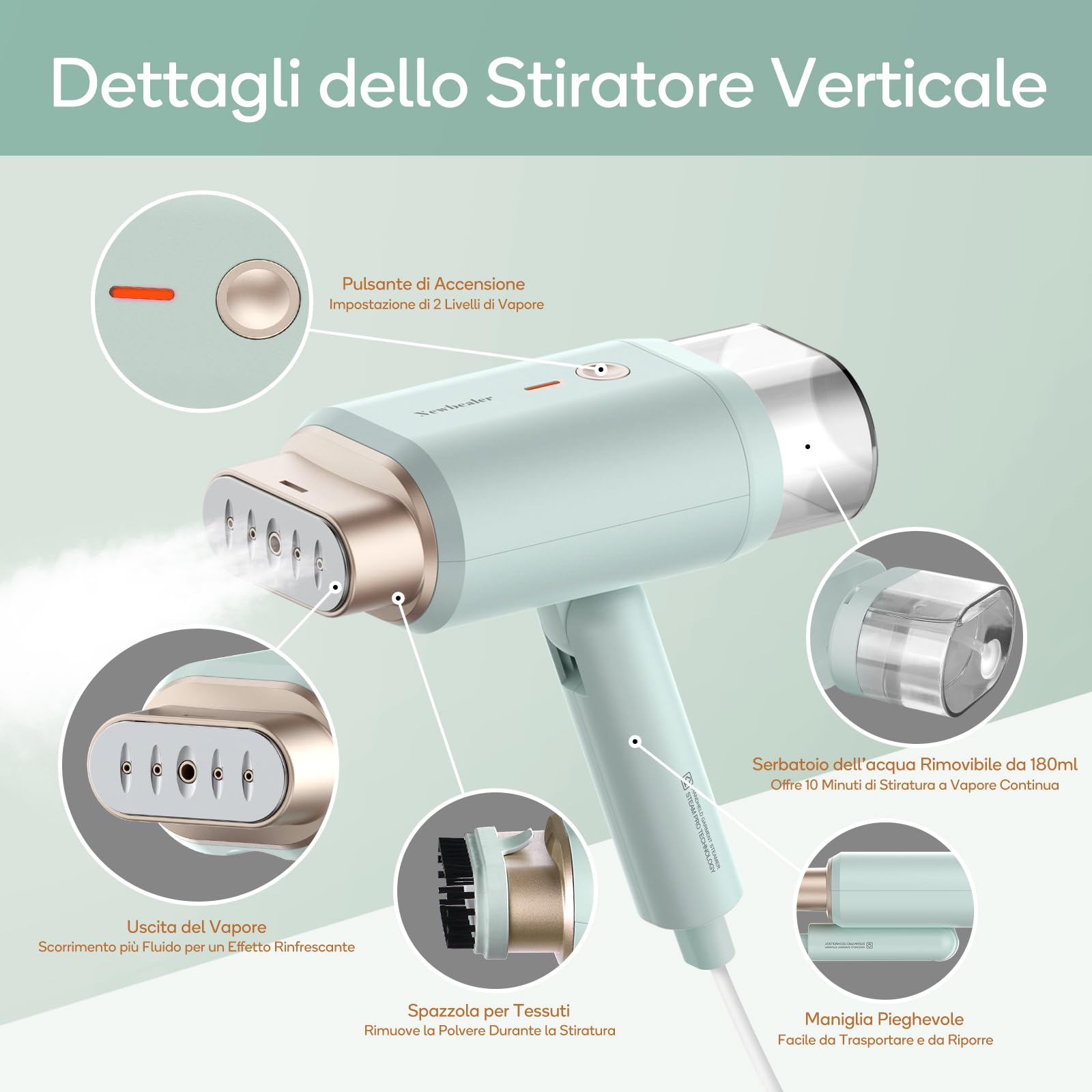 Newbealer Ferro da Stiro Verticale, Stiratrice Verticale Portatile Pieghevole, 1200W 2 Livelli di Vapore, Riscaldamento Rapido 20s e Serbatoio dell'acqua Estraibile da 180ml per Viaggio Casa, verde