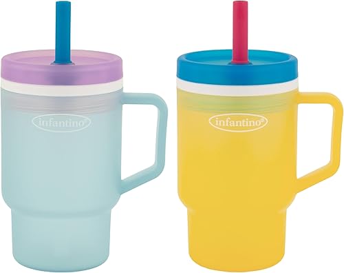 Vista 11 de Infantino Mi primer vaso, taza de sorbito de plástico duradero con pajita de silicona resistente a fugas y asa, para llevar, taza de transición Azul