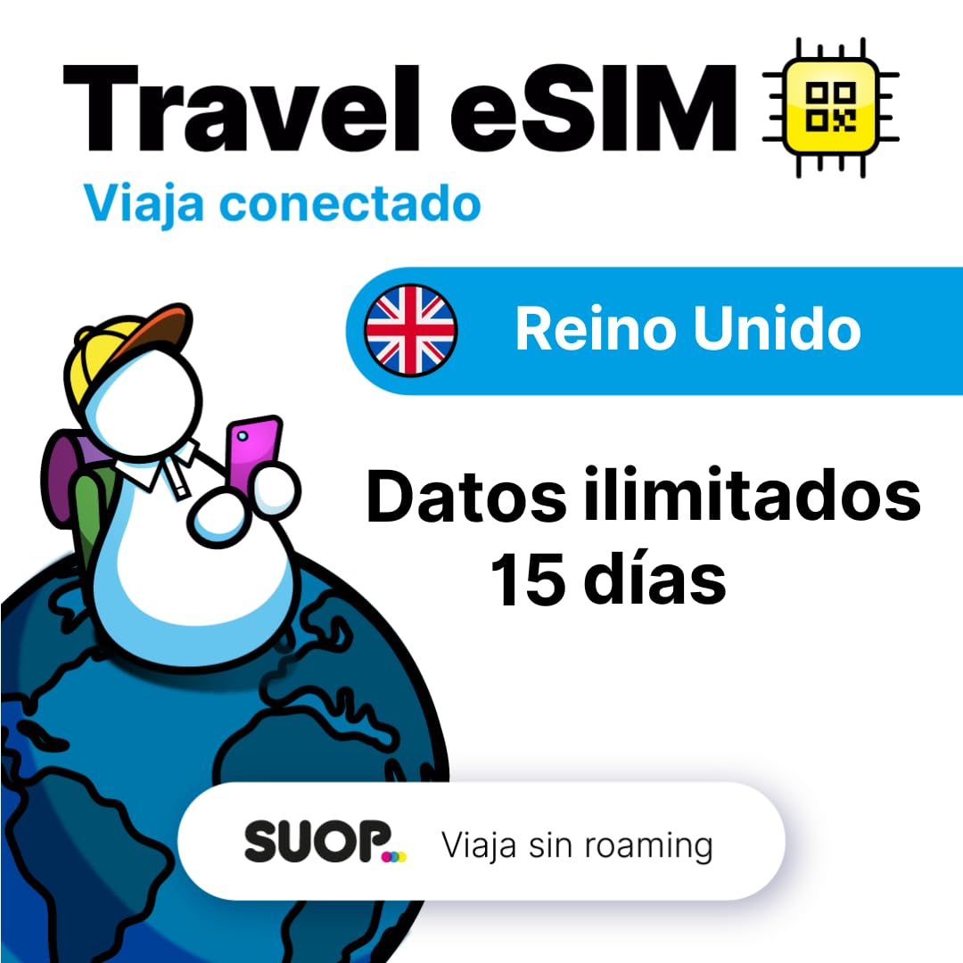 Tarjeta eSIM prepago móvil con Datos ilimitados en Reino Unido. Viaja por UK sin Roaming. Internet móvil de Alta Velocidad 5G. Fácil de Instalar escaneando un código QR (GB ilimitados - 15 días)