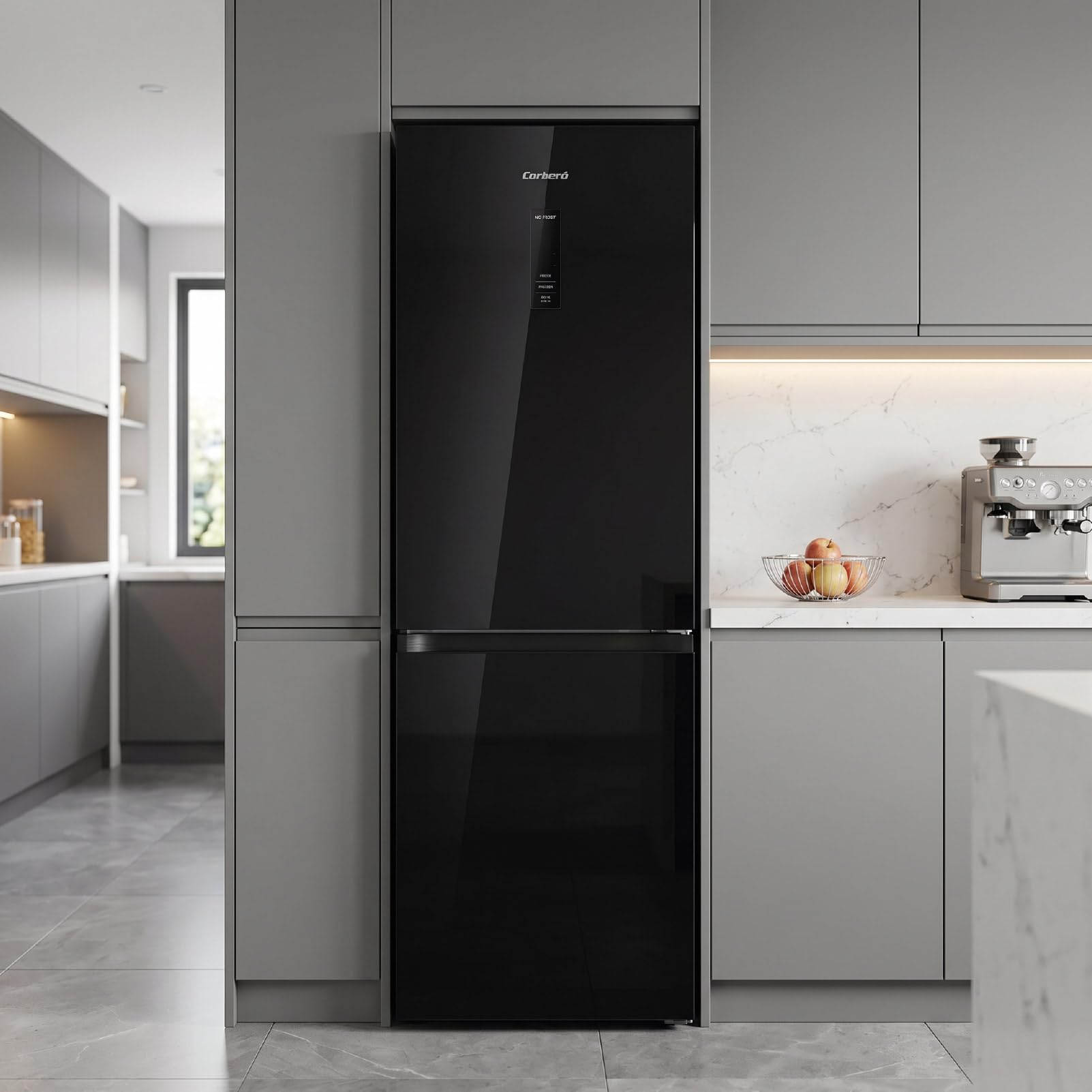 Corberó - Frigorífico Combi | CCHGL186NFN | 400 Litros | 187 cm | No Frost | Funciones Super, ECO y Vacaciones | Fresh Box | Cristal Negro