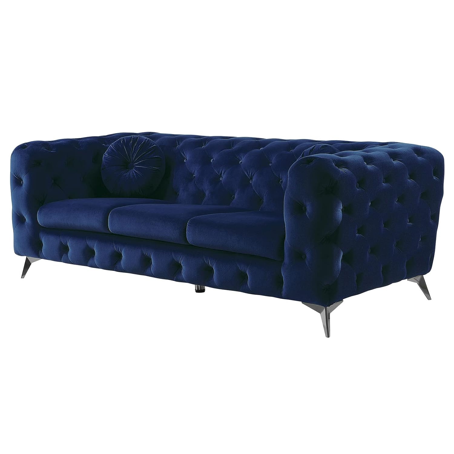 Luxury Classic Chesterfield Button Tufted Fabric Upholstered Armchair Loveseat Couch Furniture with Square Arms and Chrome Metal Legs